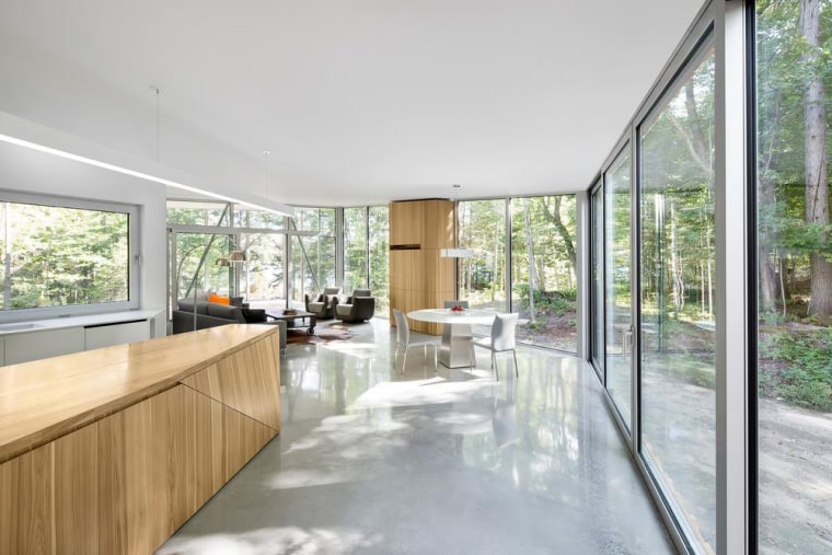 Interior surfaces of wood, white walls and polished architecture, daylighting, home, house, interior design, property, real estate, roof, window, gray, white