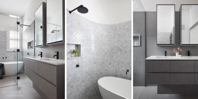 Bathrooms come in all shapes and sizes and bathroom, bathroom accessory, bathroom cabinet, floor, home, interior design, plumbing fixture, room, sink, tap, tile, white, gray
