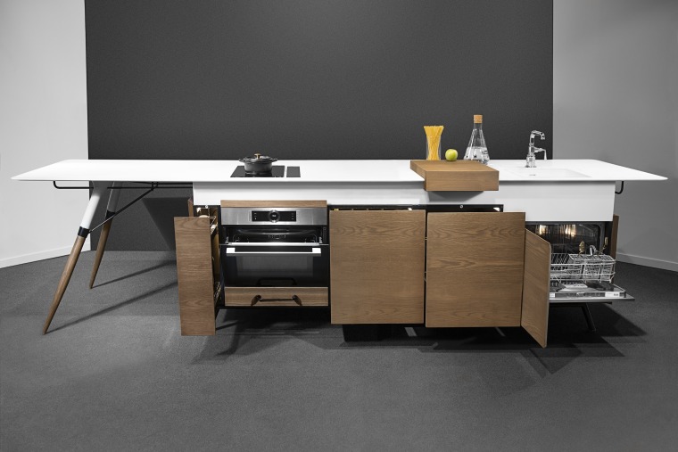 As everything is fitted beneath the worktop, the cabinetry, design, desk, floor, flooring, furniture, interior design, material property, plywood, product, room, table, black, gray