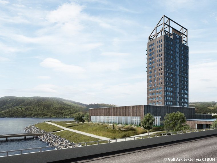Mjøstårnet is appropriately located in an area of architecture, building, city, condominium, corporate headquarters, headquarters, landmark, metropolitan area, mixed-use, real estate, residential area, sky, skyscraper, tower, tower block, urban design, white