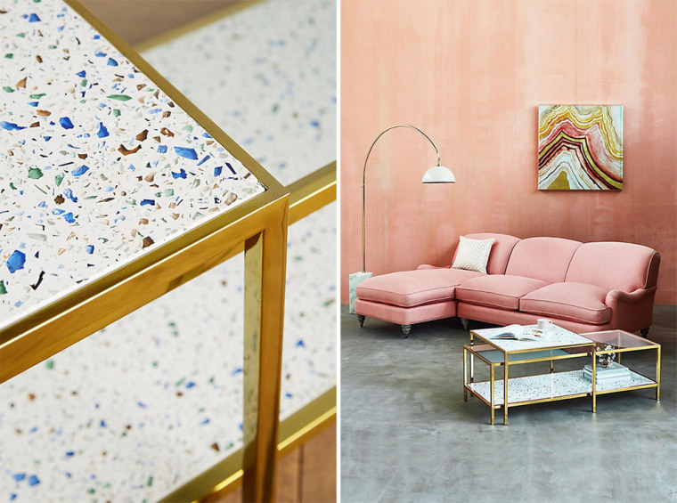 This Terrazzo coffee table by Anthropologie is floor, flooring, furniture, interior design, product, table, wall, wood, white
