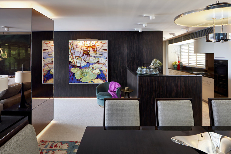 For this fit-out of a harbourfront apartment by interior design, living room, lobby, room, black, gray