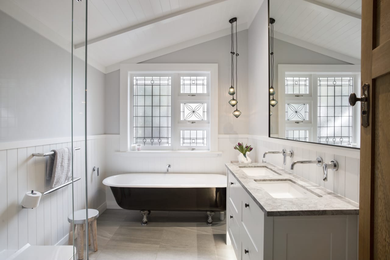 White Bathroom With Lead Light Window And Trends