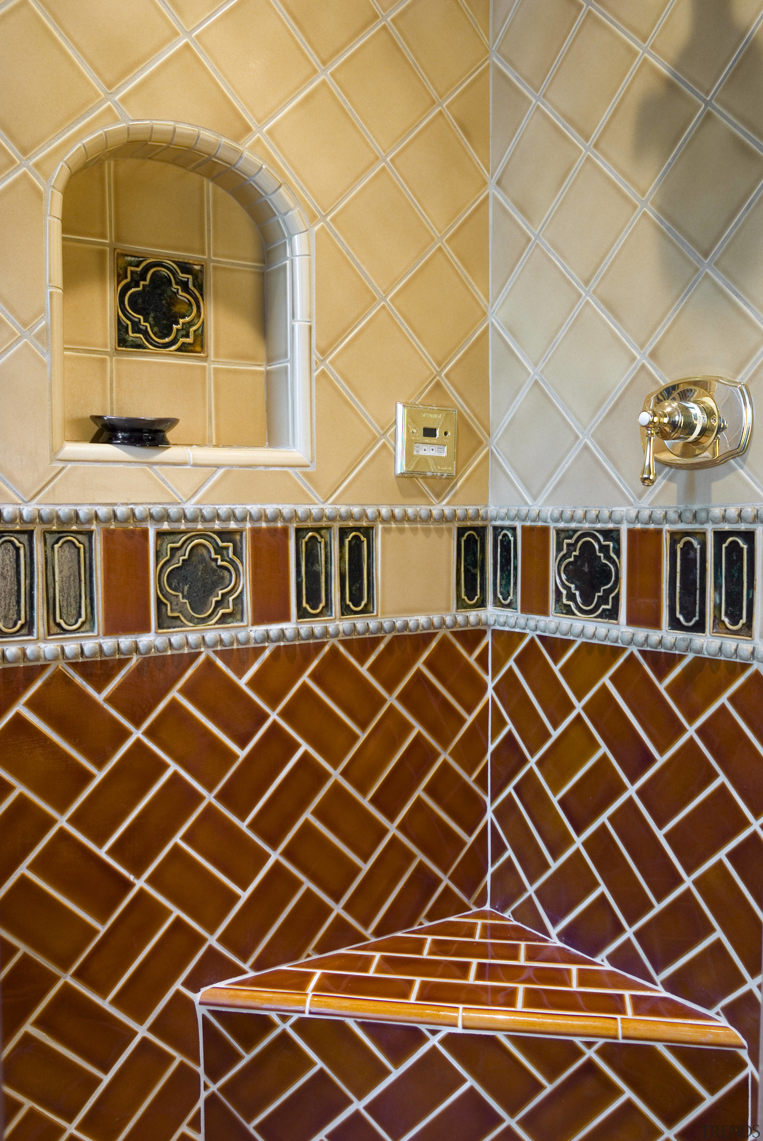 A view of some floor and wall tiles ceiling, daylighting, floor, flooring, line, pattern, tile, wall, brown, orange