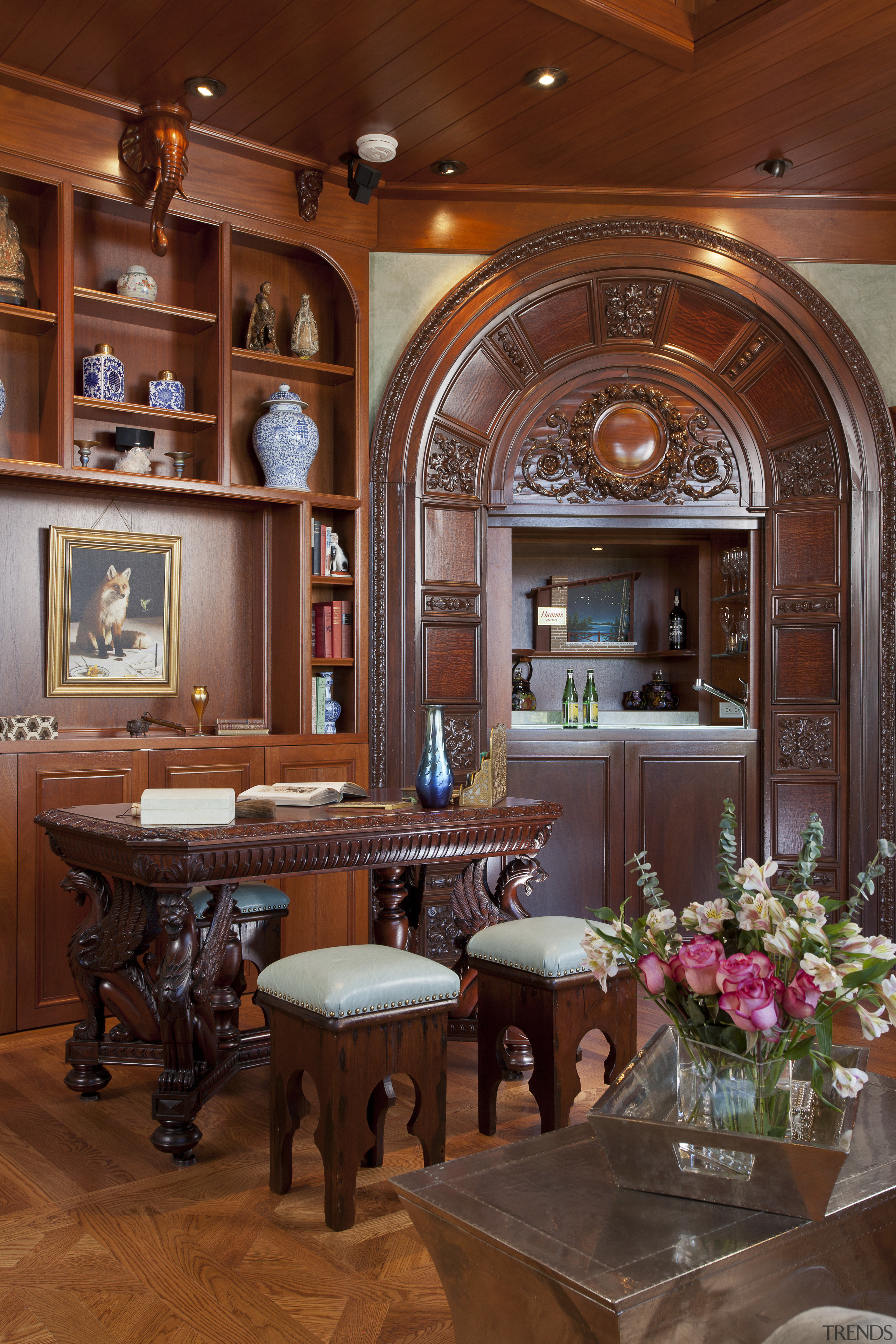 Inspired by classic childrens stories, this concealed retreat ceiling, dining room, furniture, home, interior design, living room, room, table, red