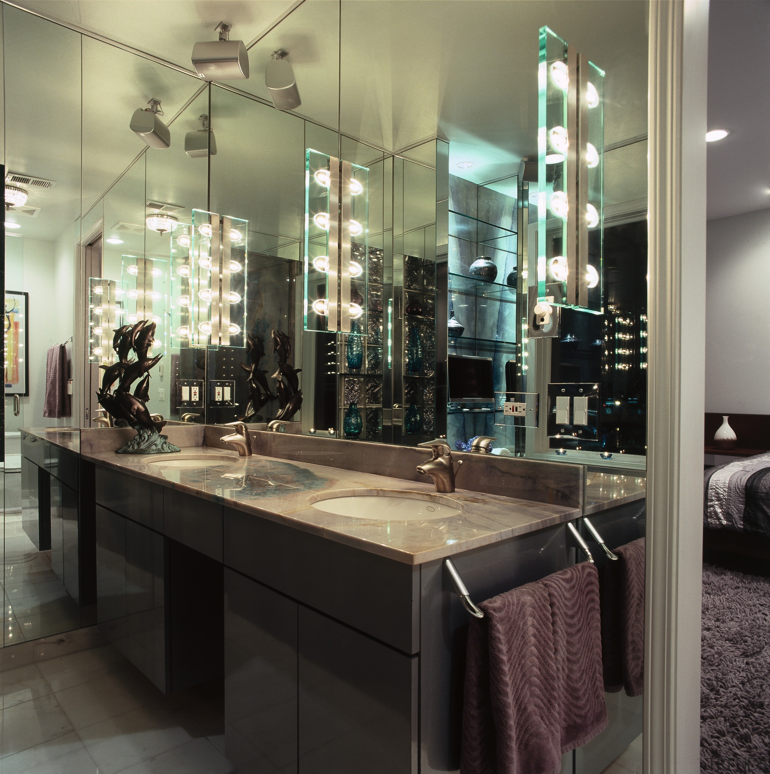 A view of the master ensuite, tiled floor bathroom, countertop, glass, interior design, black