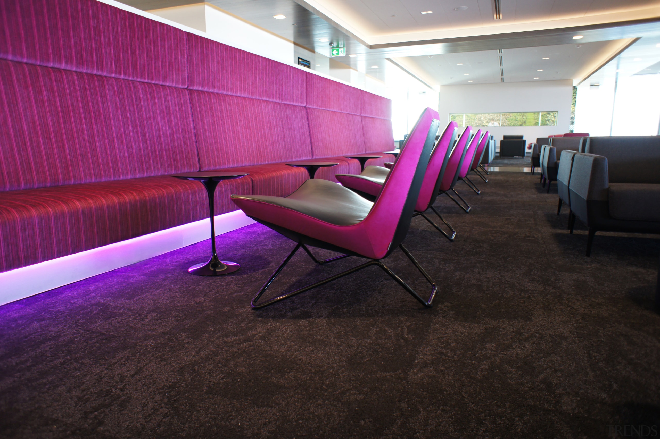 The new Air New Zealand International Lounge at architecture, chair, floor, flooring, furniture, interior design, purple, table, wall, black