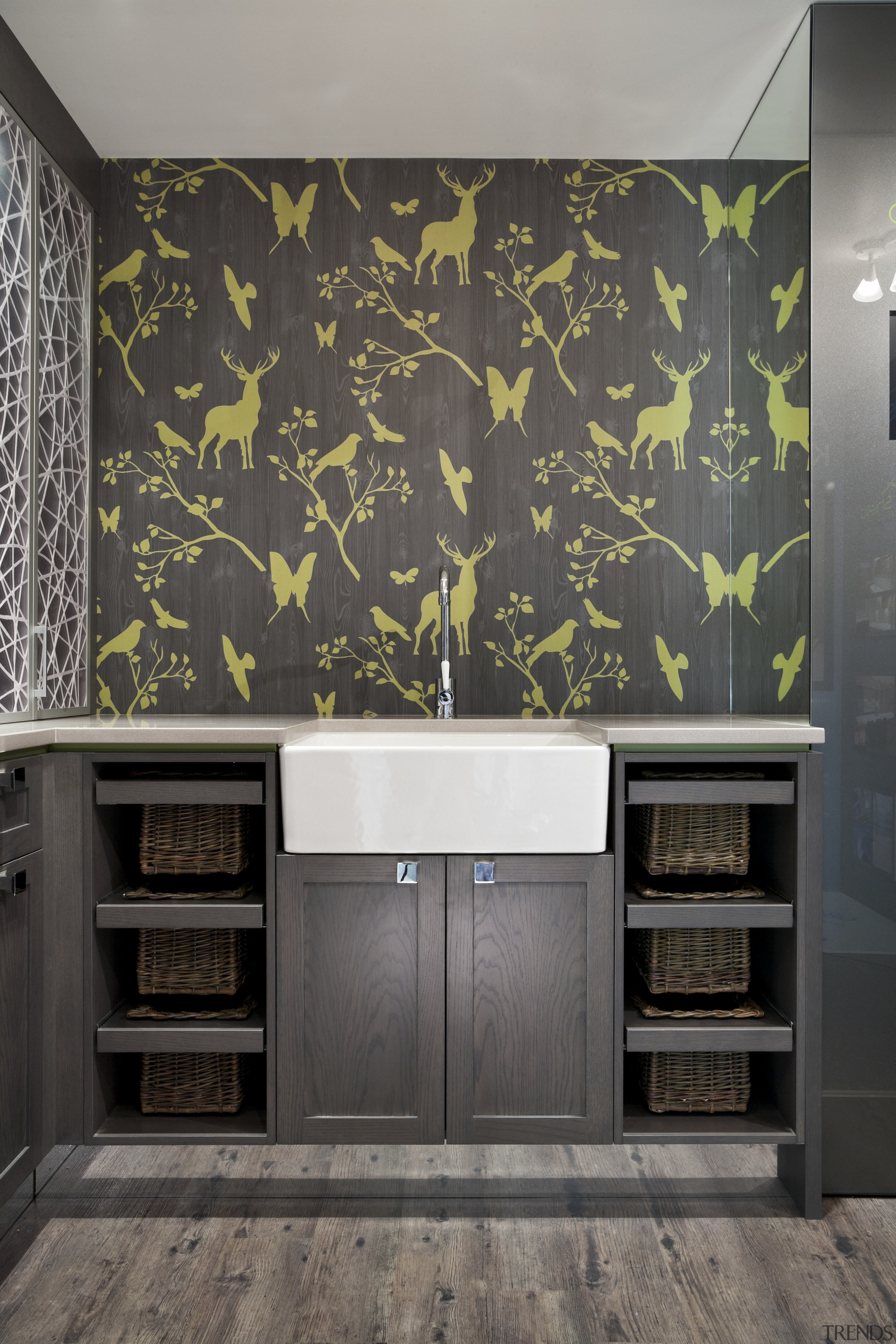 This display kitchen for Quality Kitchens showcases aluminium-framed cabinetry, interior design, wall, wallpaper, gray, black