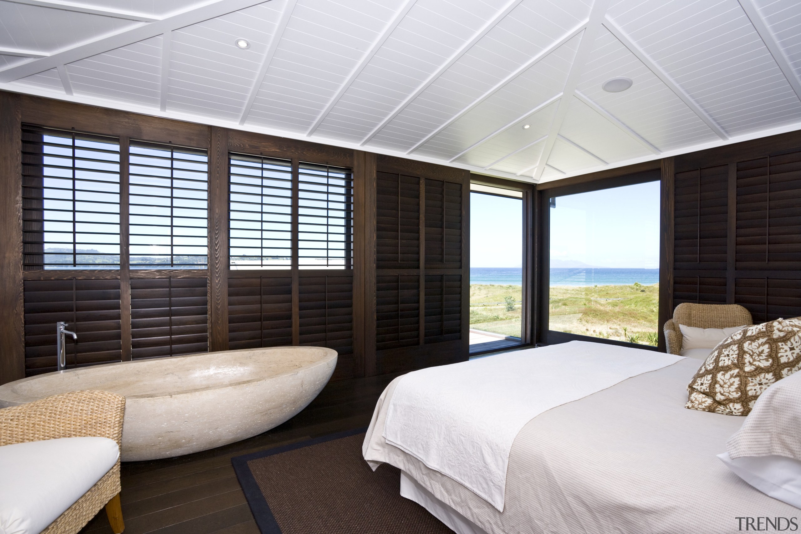 View of master bedroom which has a stone bedroom, ceiling, interior design, real estate, room, window, window covering, window treatment, wood, white, black