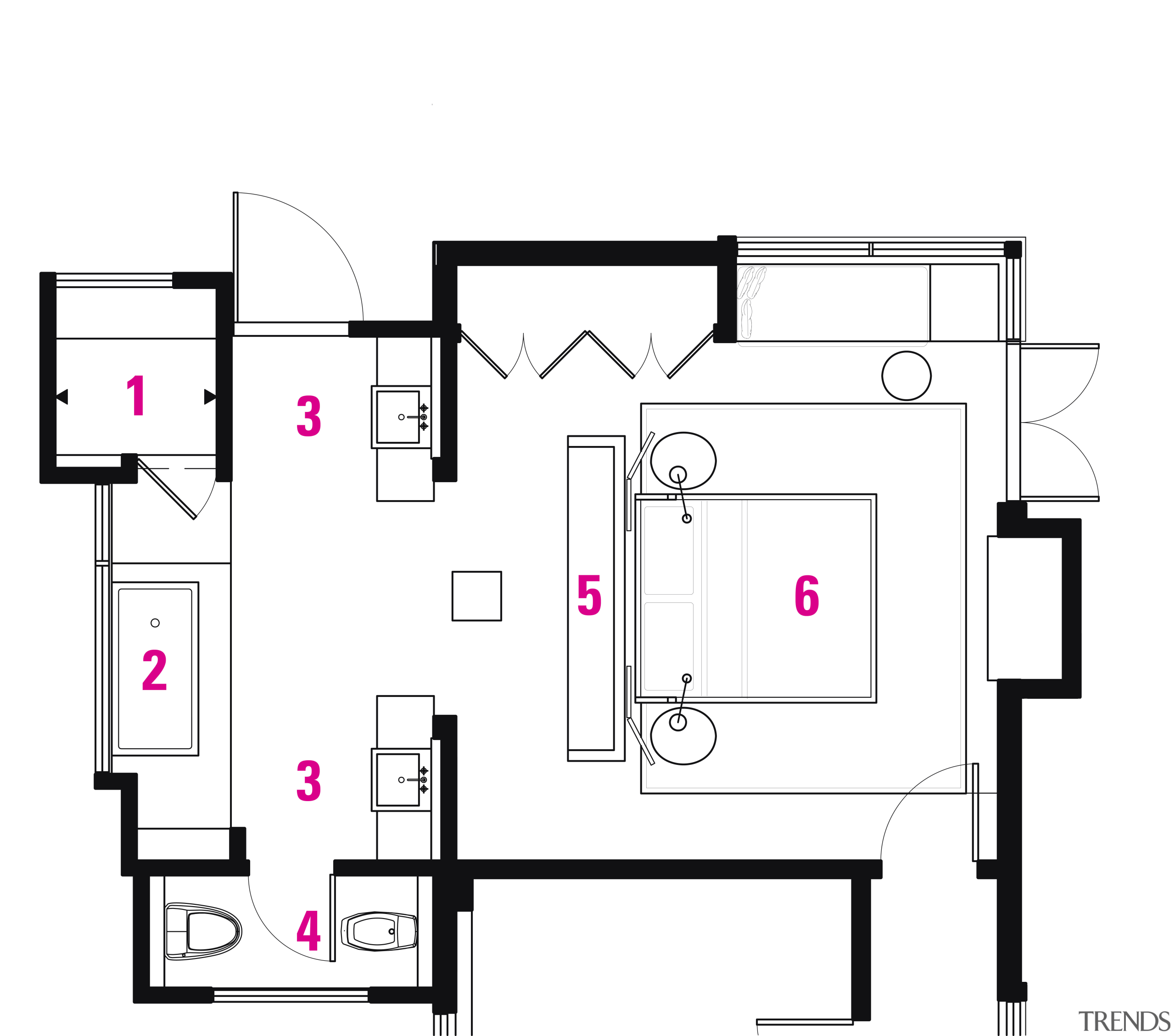 1.shower/steam room, 2.tub, 3.vanities, 4.toilet/bidet, 5.wardrobe, 6.bedroom area, design, diagram, drawing, floor plan, furniture, line, product, product design, square, white