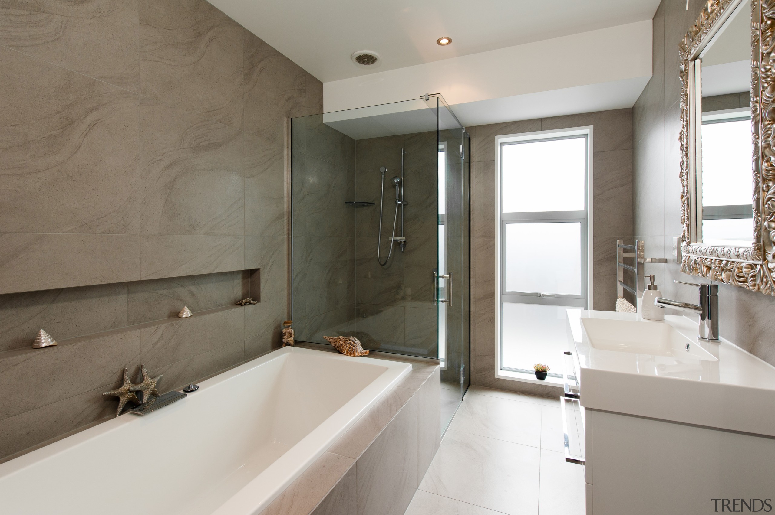 A high-end master bathroom has crafted, high-end tiled architecture, bathroom, estate, floor, home, interior design, property, real estate, room, gray, white