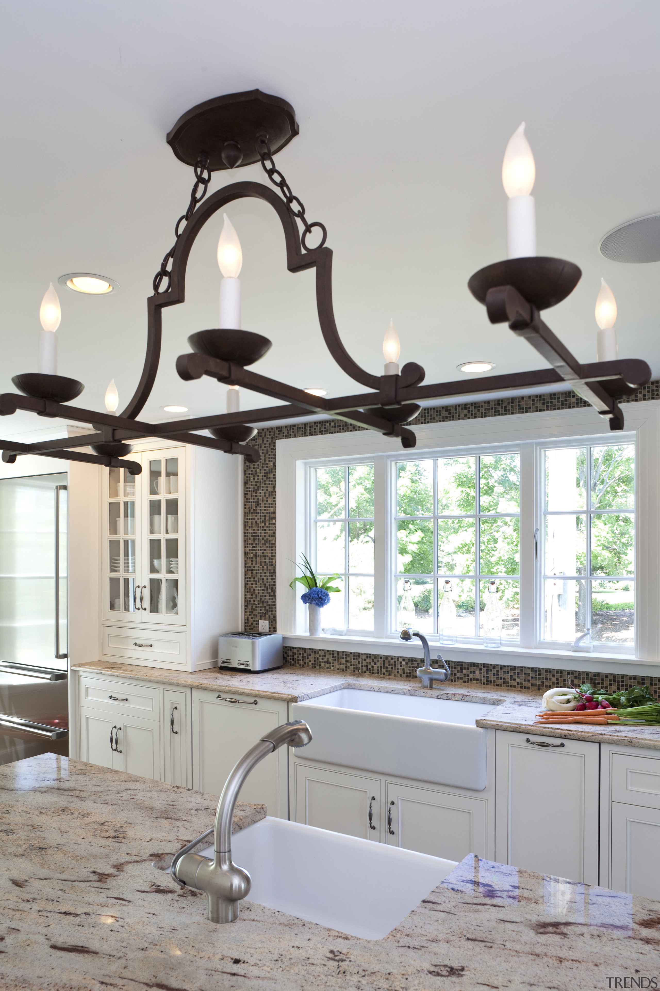 Country style family kitchen - Country style family ceiling, home, interior design, kitchen, light fixture, lighting, room, sink, tap, window, gray