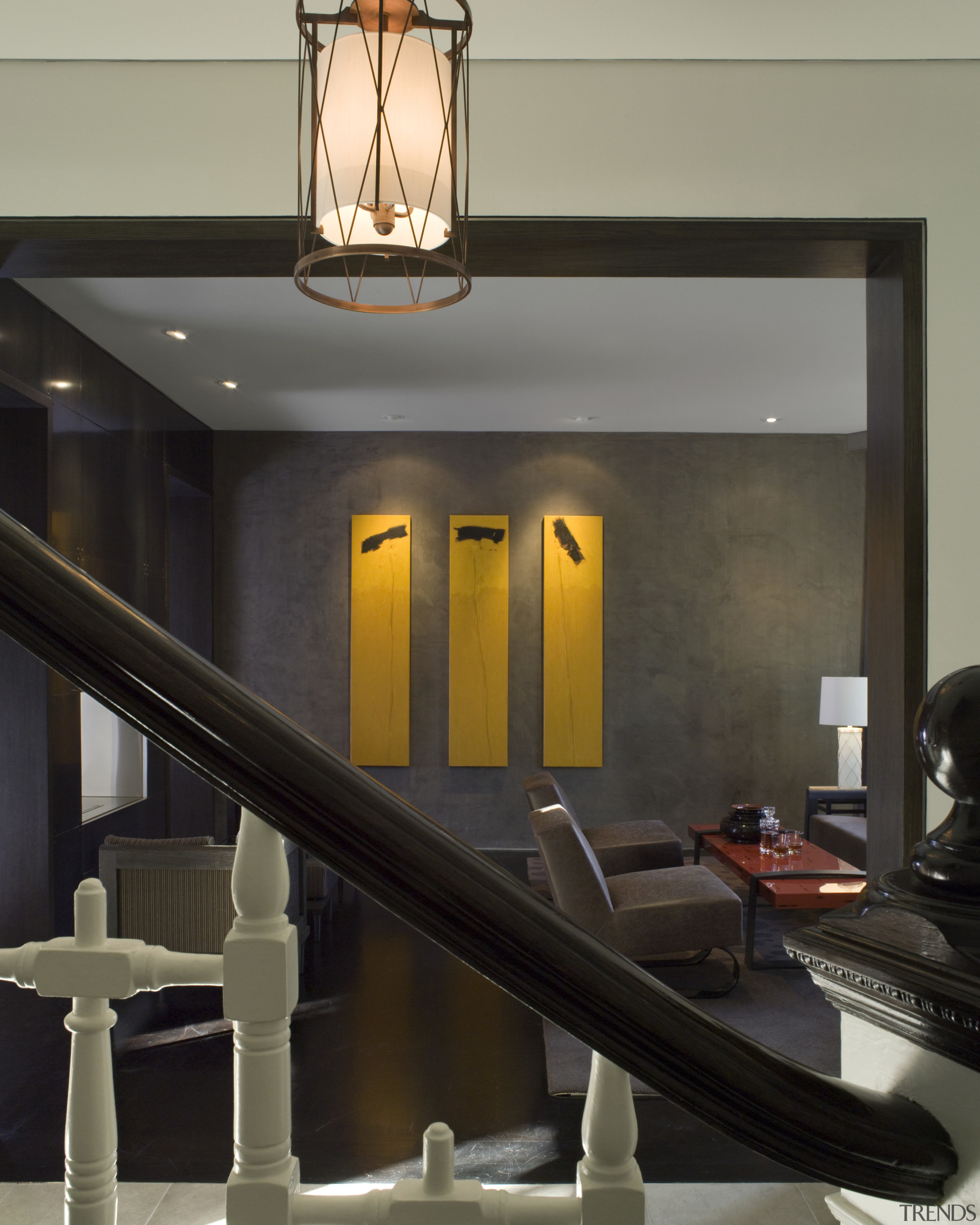 lounge view of a remodel of a Victorian ceiling, interior design, light fixture, lighting, table, black, gray
