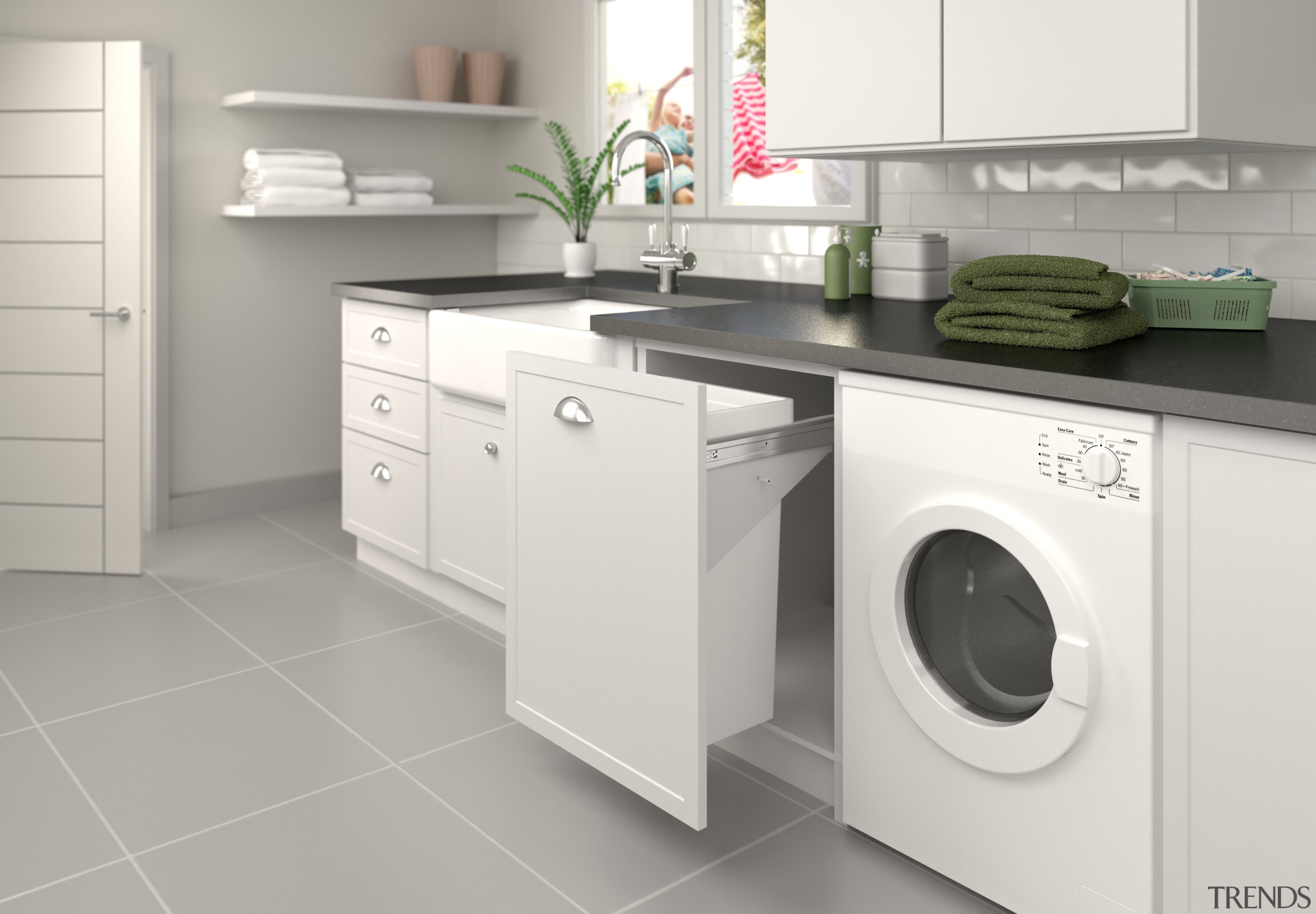 The baskets glide smoothly out of sight. - clothes dryer, countertop, home appliance, kitchen, laundry, laundry room, major appliance, product, product design, room, washing machine, white