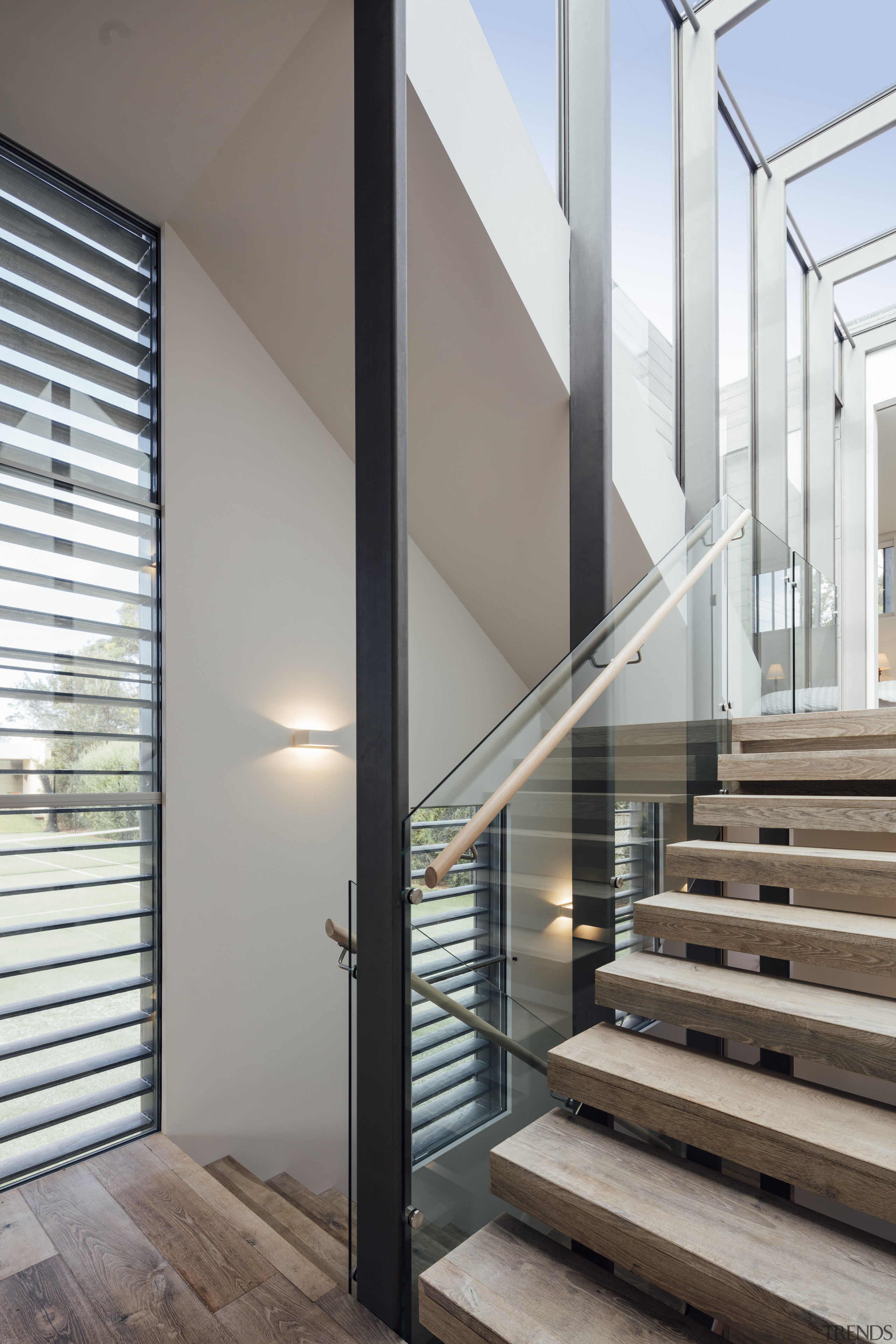 Stairwell meets lightwell  while the stairs descend architecture, daylighting, glass, handrail, home, house, interior design, stairs, window, gray, white