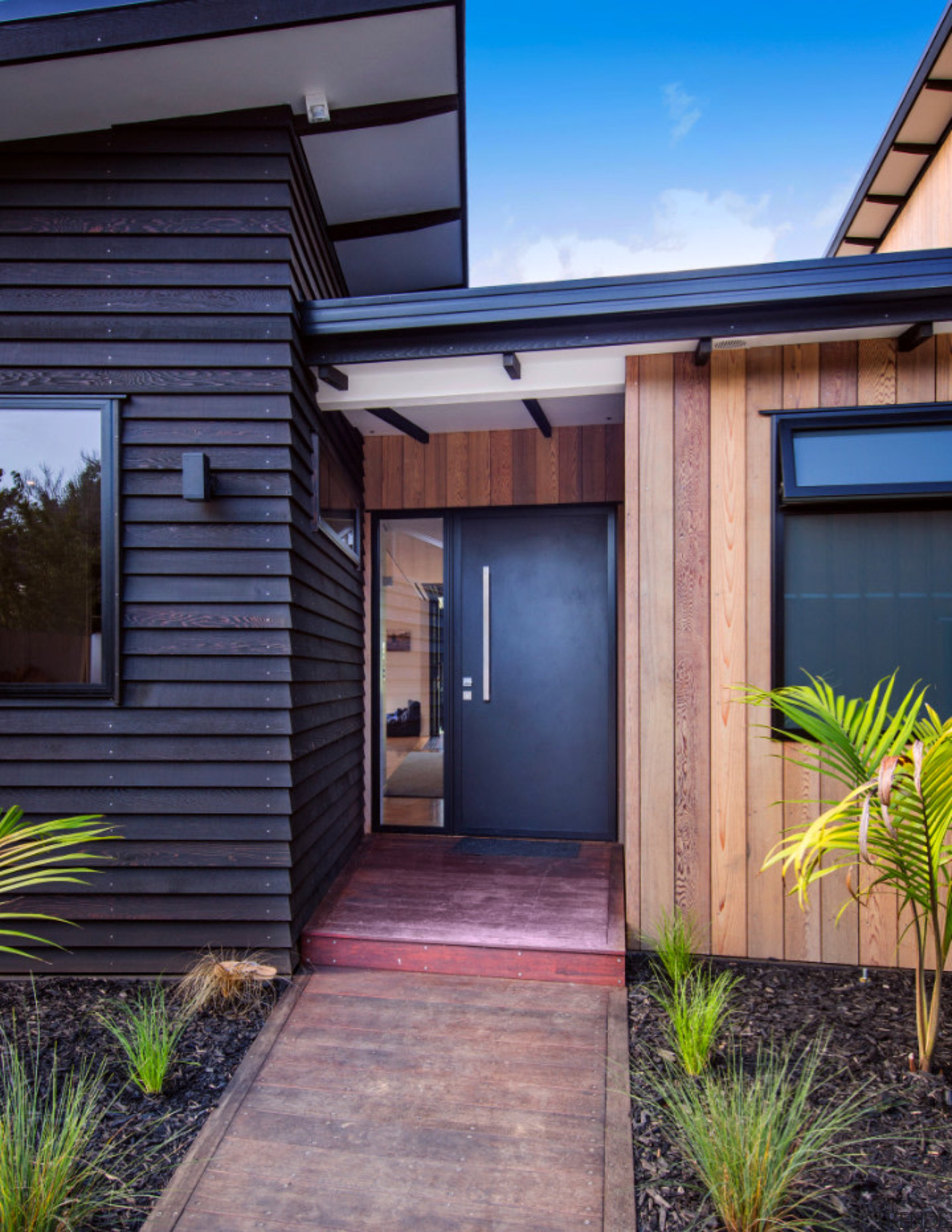 Home entrance - Waitoki family home 04 - architecture, backyard, door, facade, home, house, property, real estate, residential area, siding, window, blue