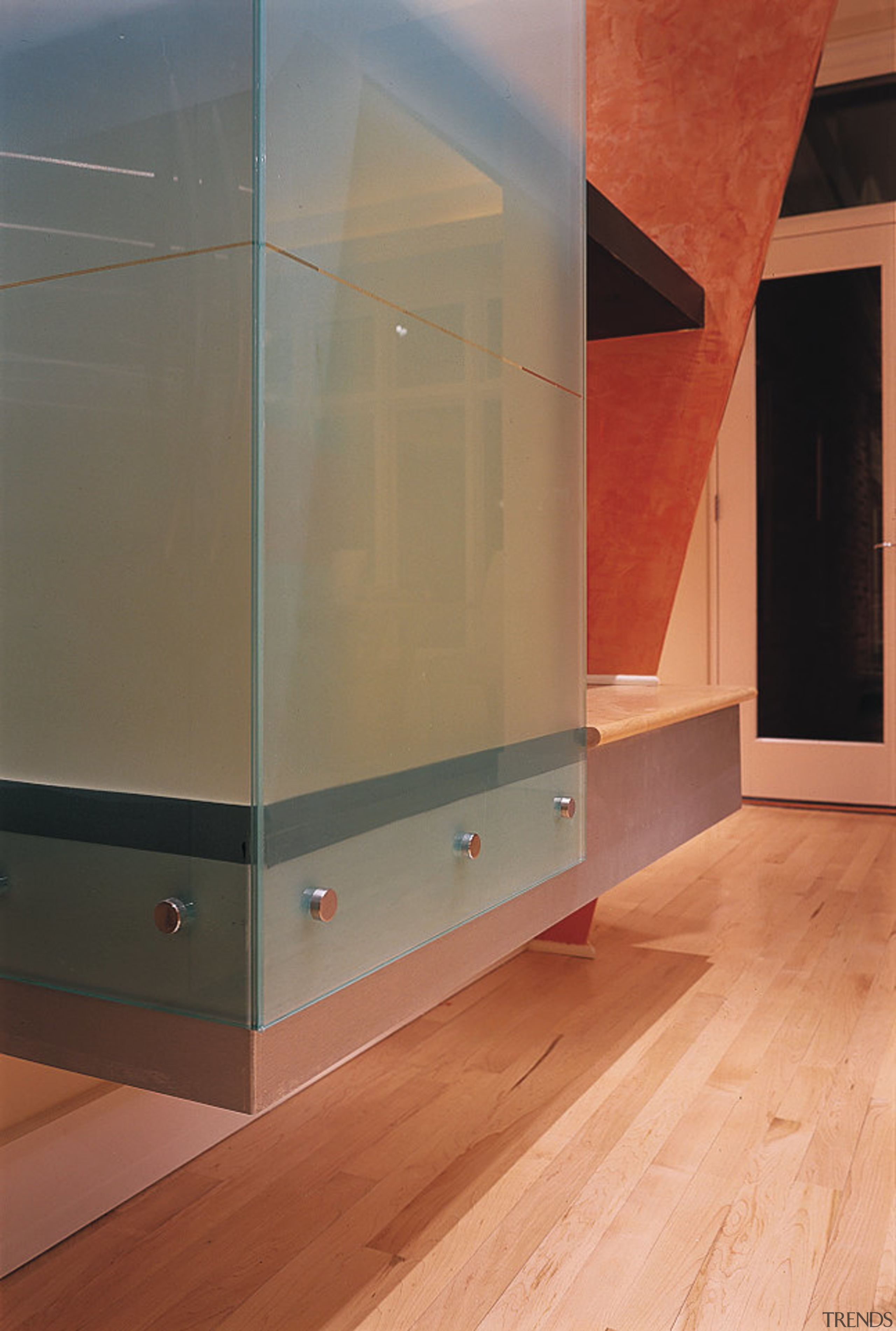 View of the homes design - View of architecture, cabinetry, floor, flooring, glass, hardwood, interior design, laminate flooring, room, wall, wood, wood flooring, wood stain, orange