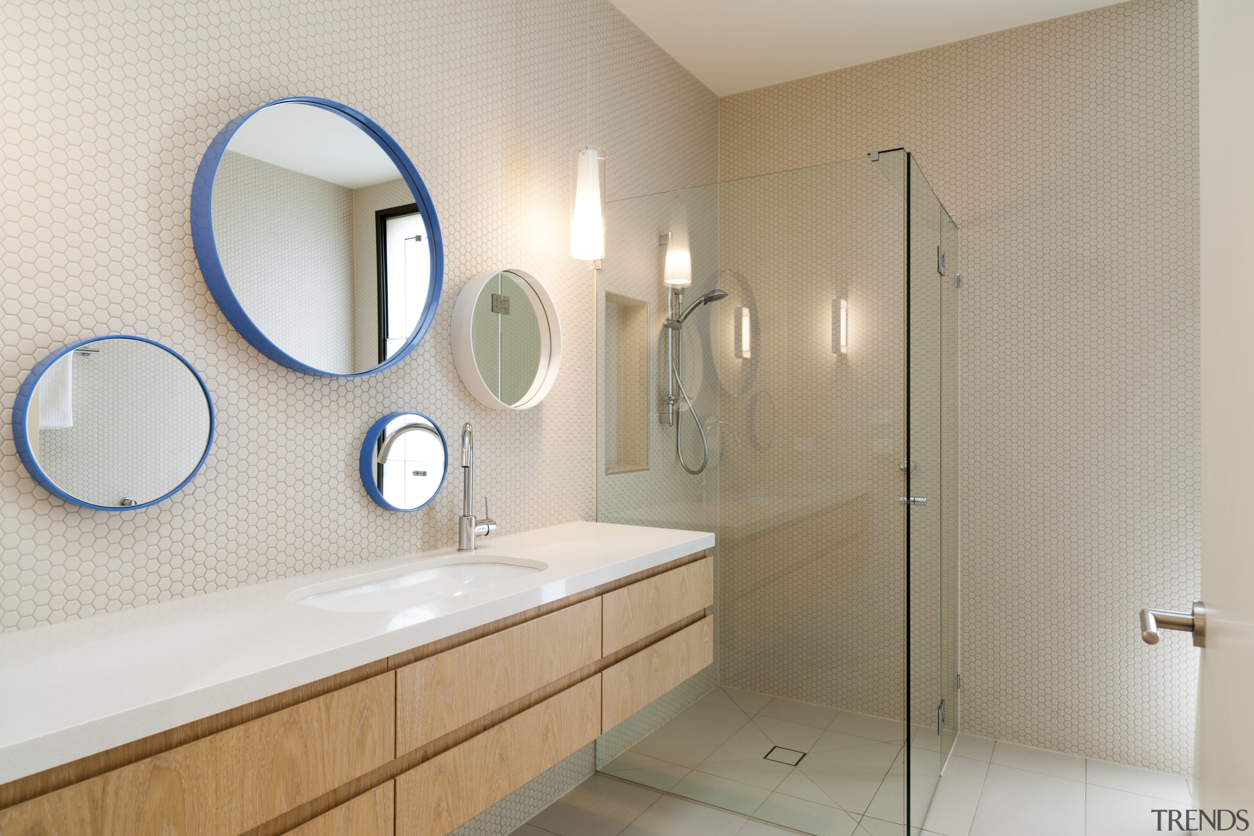 A clear glass shower stall optimises the sense bathroom, bathroom sink, floor, home, interior design, plumbing fixture, product design, room, sink, tile, gray