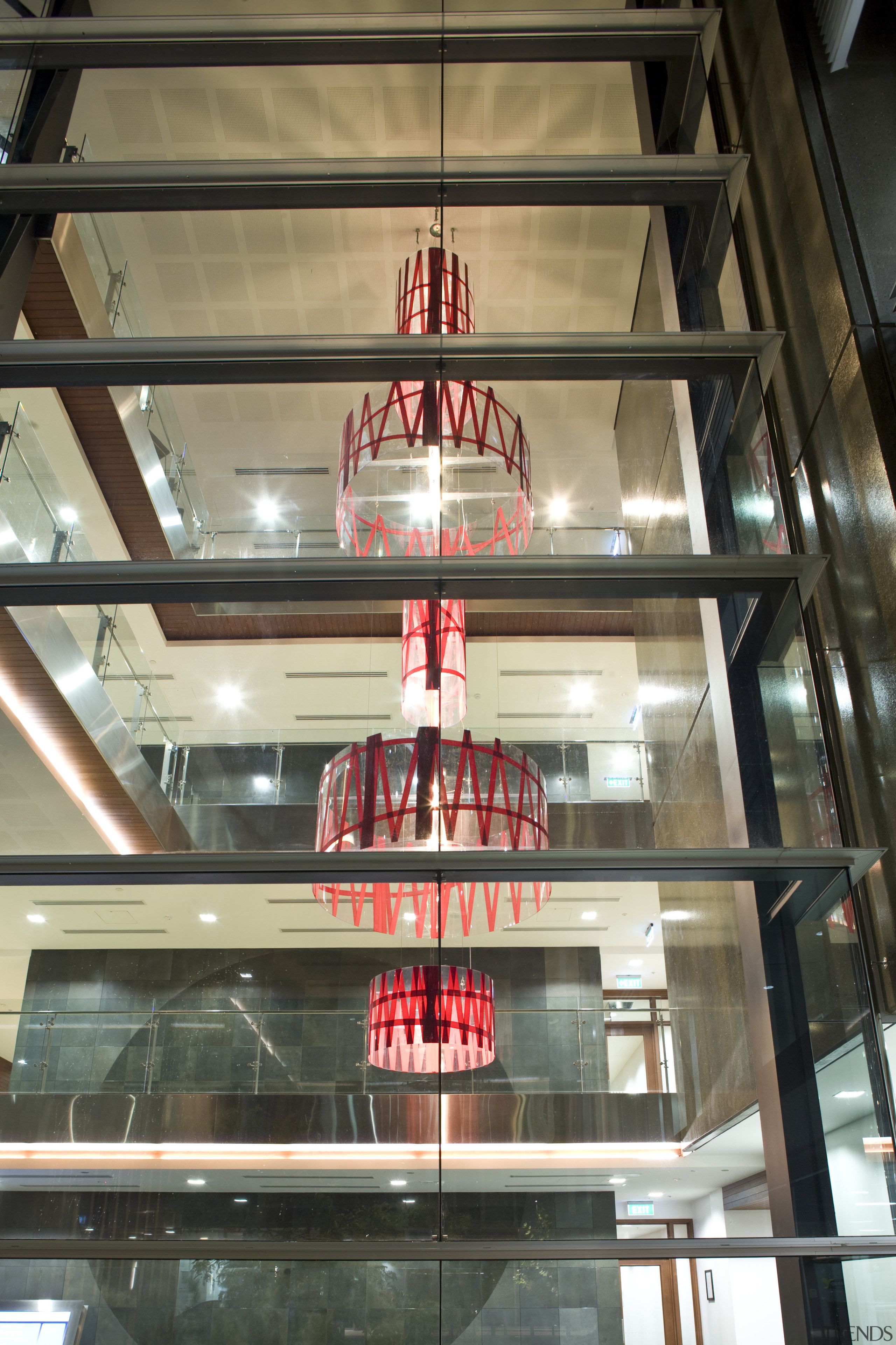 View of the 12m pendant lights by Arend building, glass, shopping mall, black