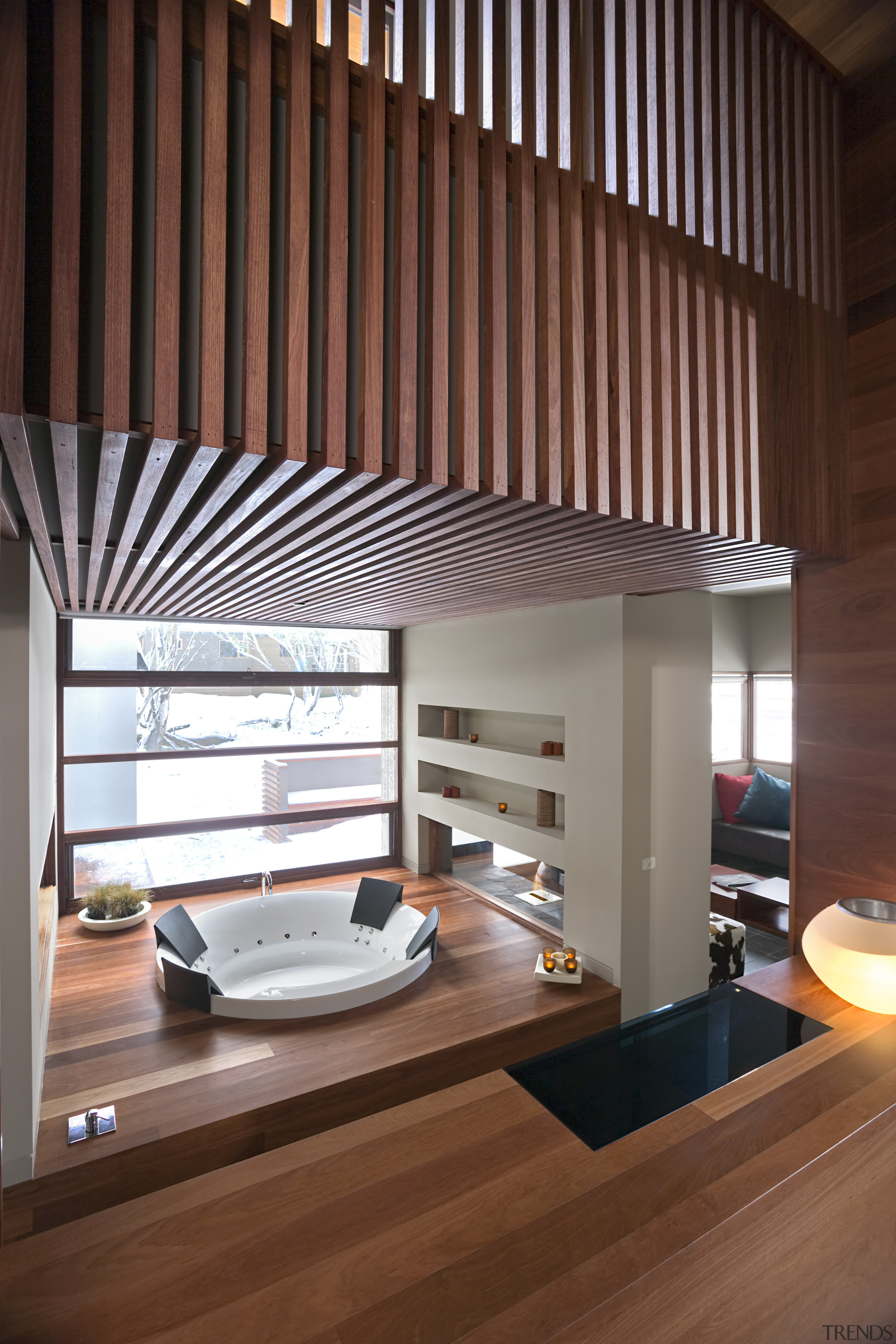 Bathroom, featuring bathtub with timber surround, tiled flooring, architecture, ceiling, daylighting, house, interior design, window covering, wood, brown, red