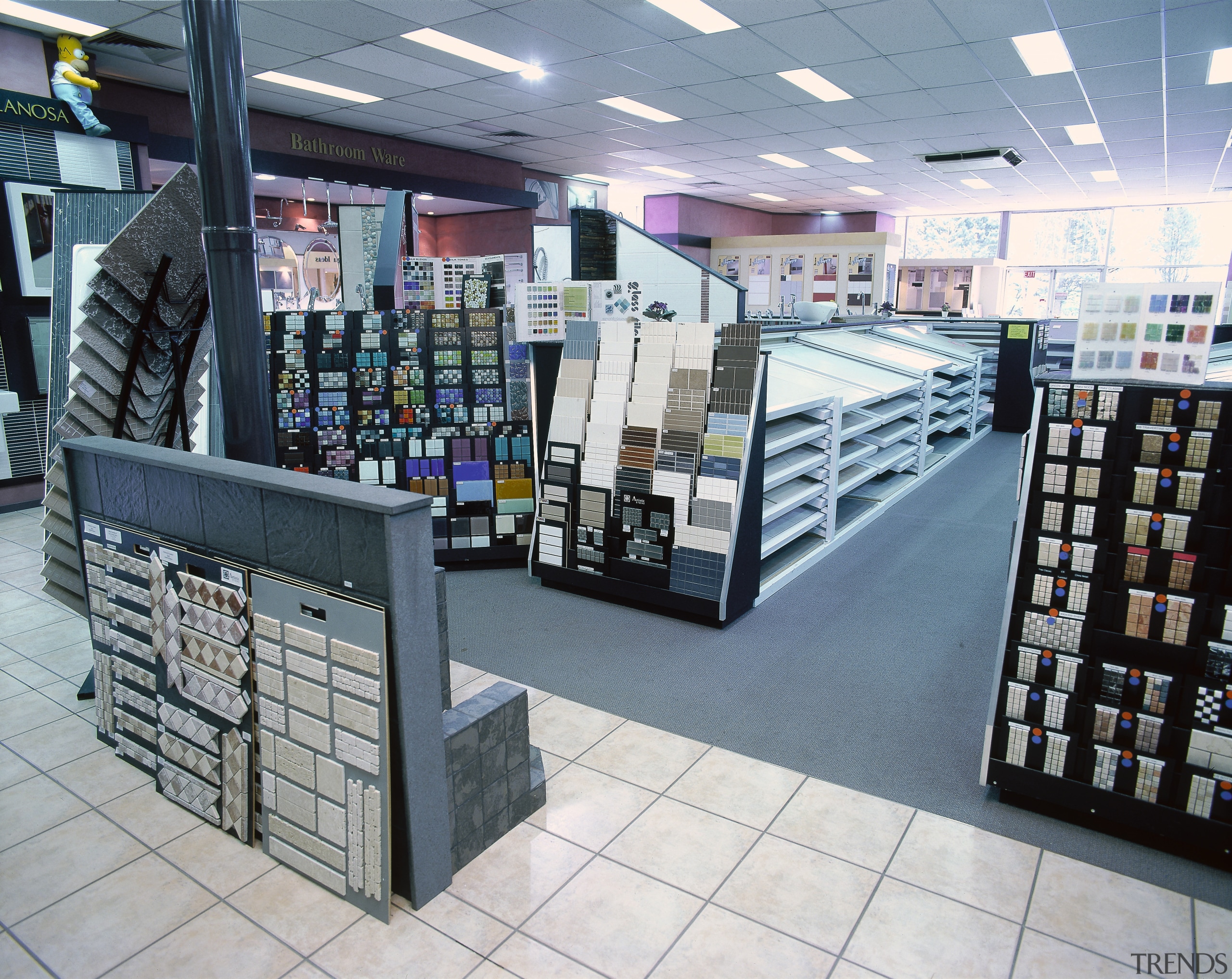 A view of the tile display and various inventory, liquor store, product, retail, supermarket, gray