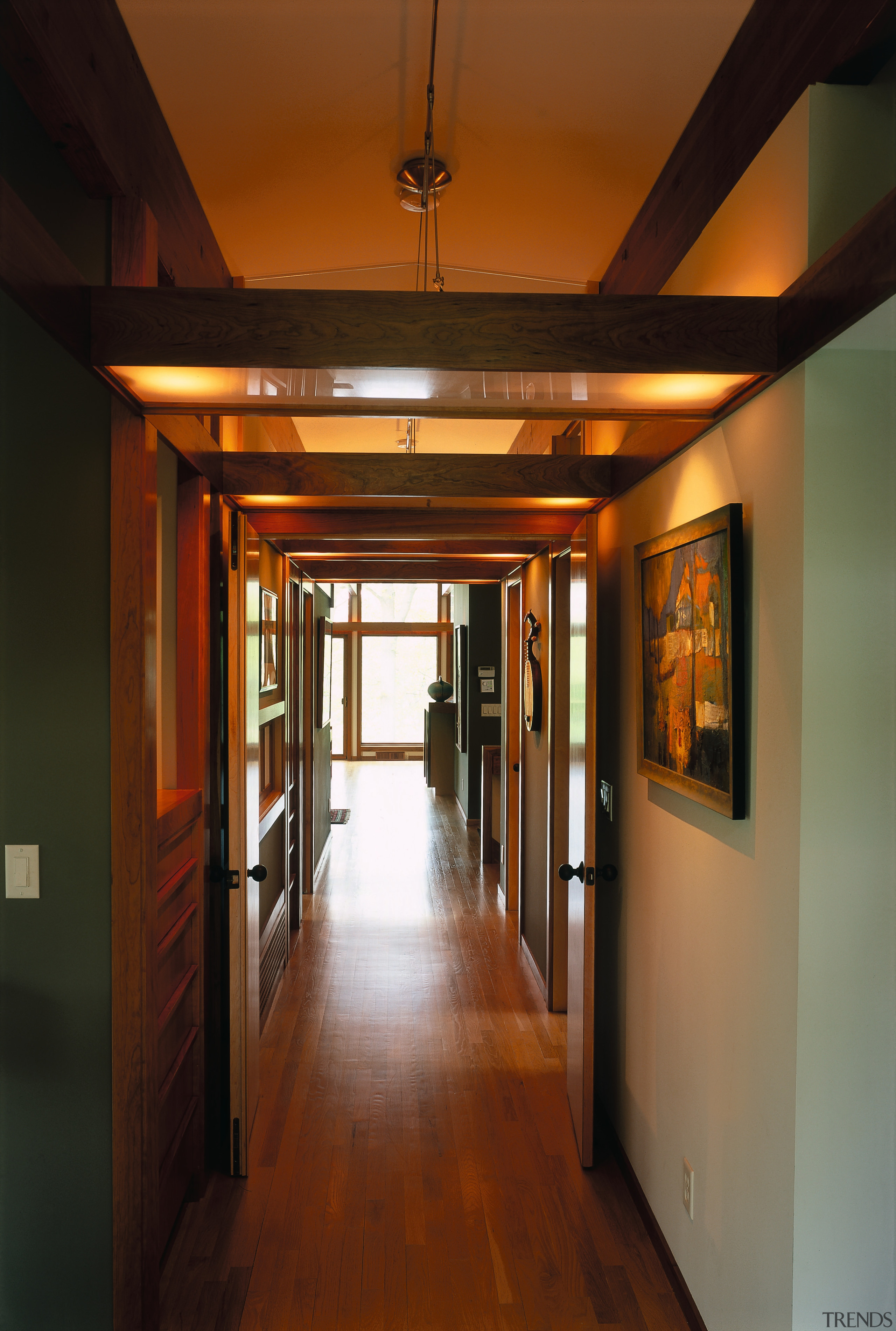 A view of a hallway, wooden flooring, spotlights, ceiling, interior design, tourist attraction, wood, brown