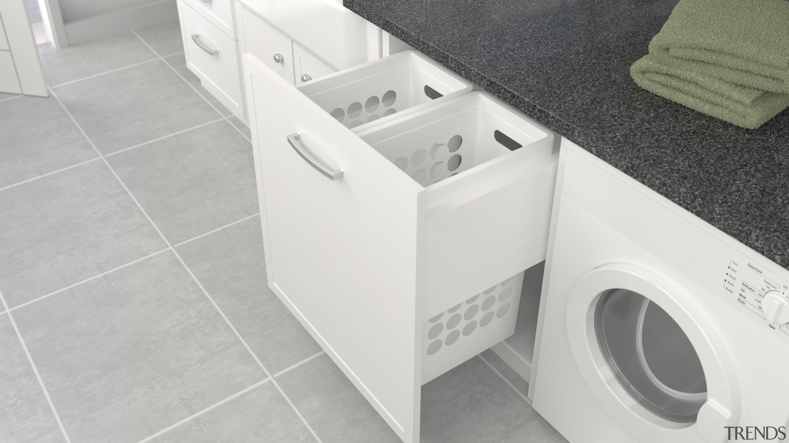 Deluxe pull out laundry units with plastic baskets clothes dryer, floor, home appliance, laundry, major appliance, plumbing fixture, product, tile, toilet, toilet seat, washing machine, white