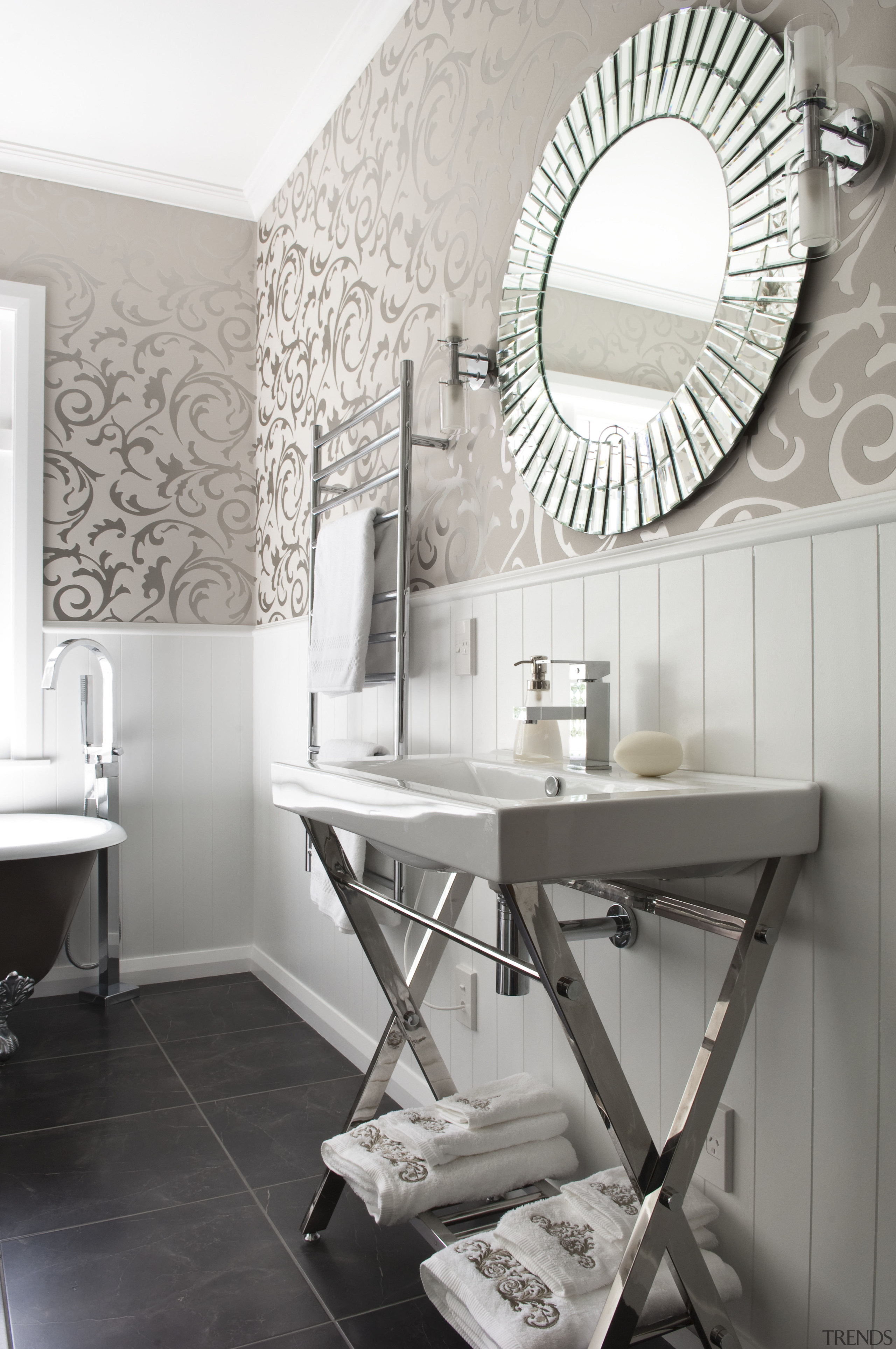 View of bathroom in a 1930s bungalow designed bathroom, ceramic, floor, flooring, furniture, home, interior design, plumbing fixture, product design, room, sink, tap, tile, wall, white, gray