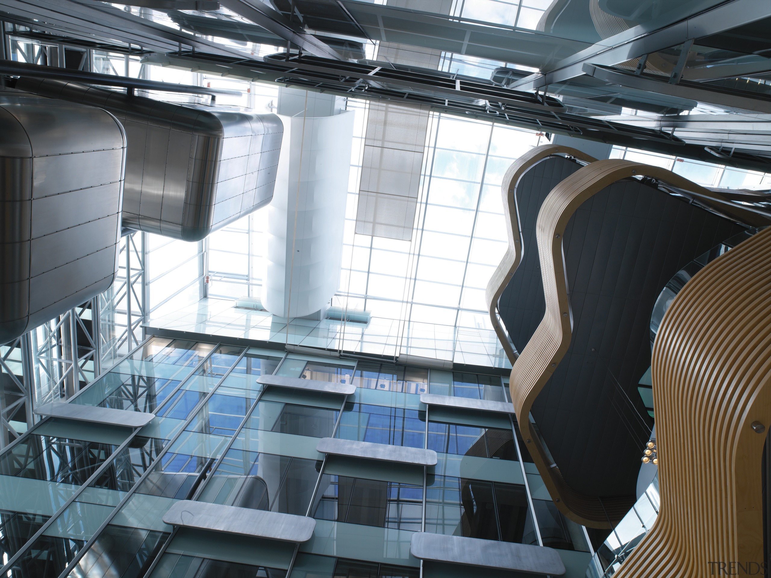 View looking up at atrium roof, with balconies architecture, building, black