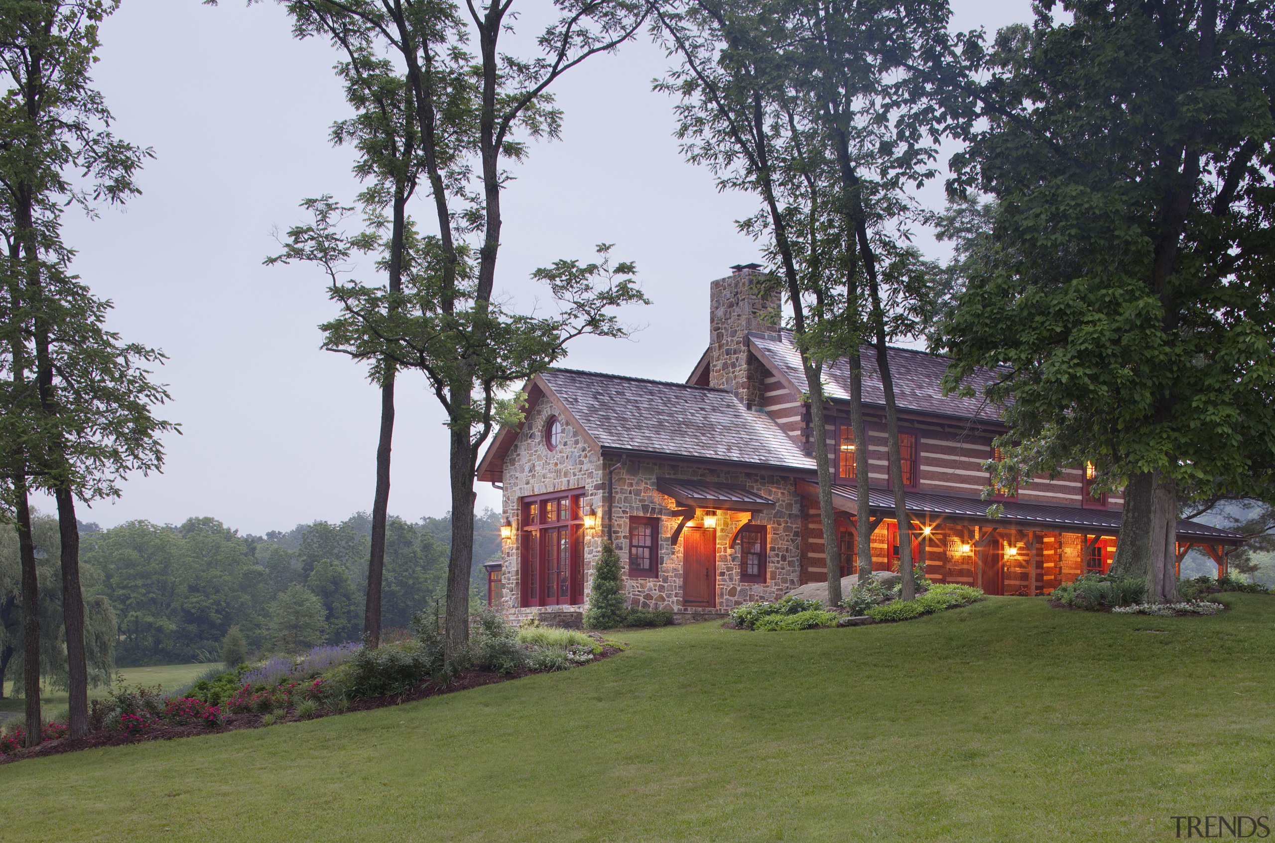 View of stone and wood buildling with lawn cottage, estate, farmhouse, home, house, landscape, plant, property, real estate, tree