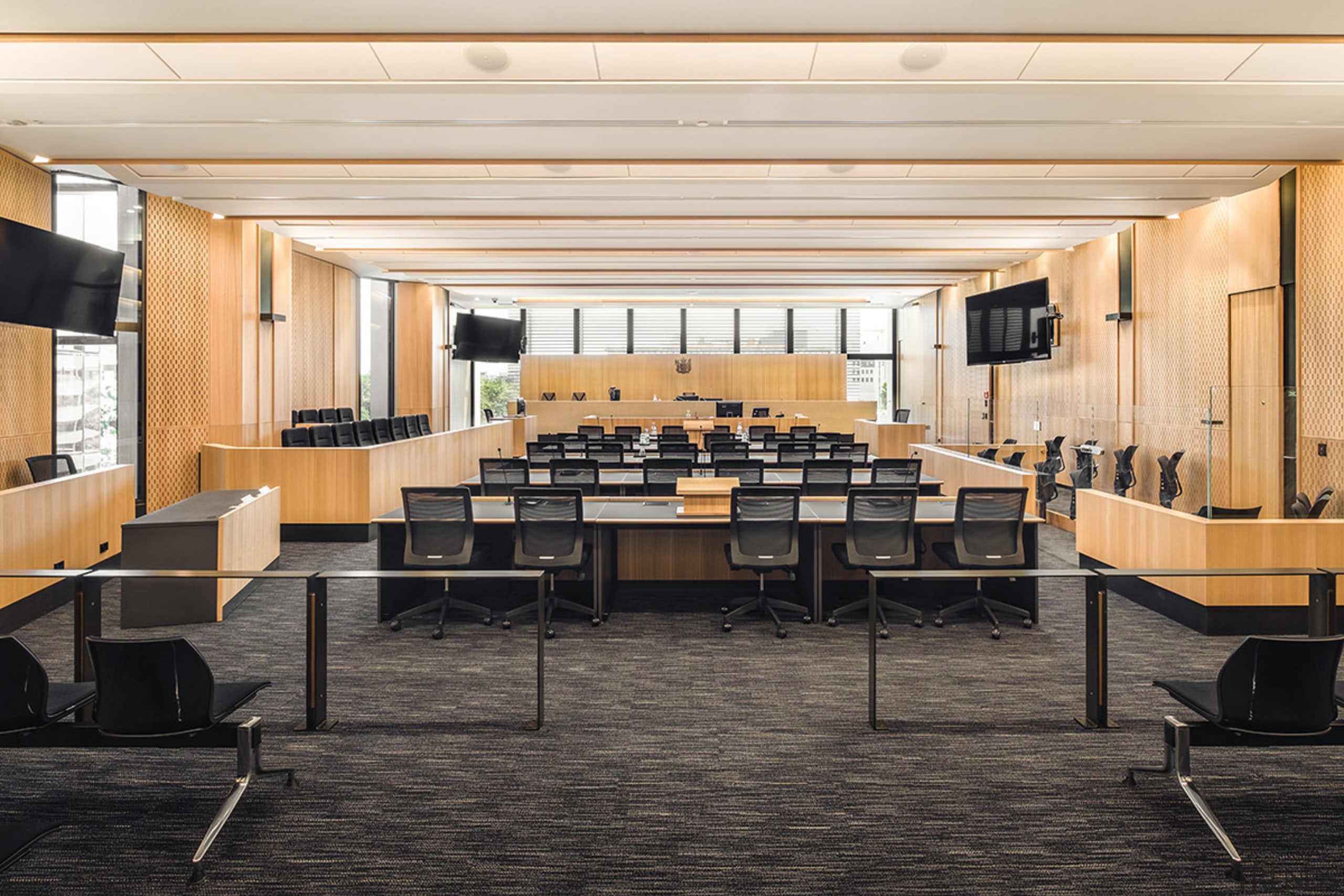 The High Court at the Christchurch Justice &amp; auditorium, ceiling, conference hall, flooring, furniture, interior design, lobby, table, white, black