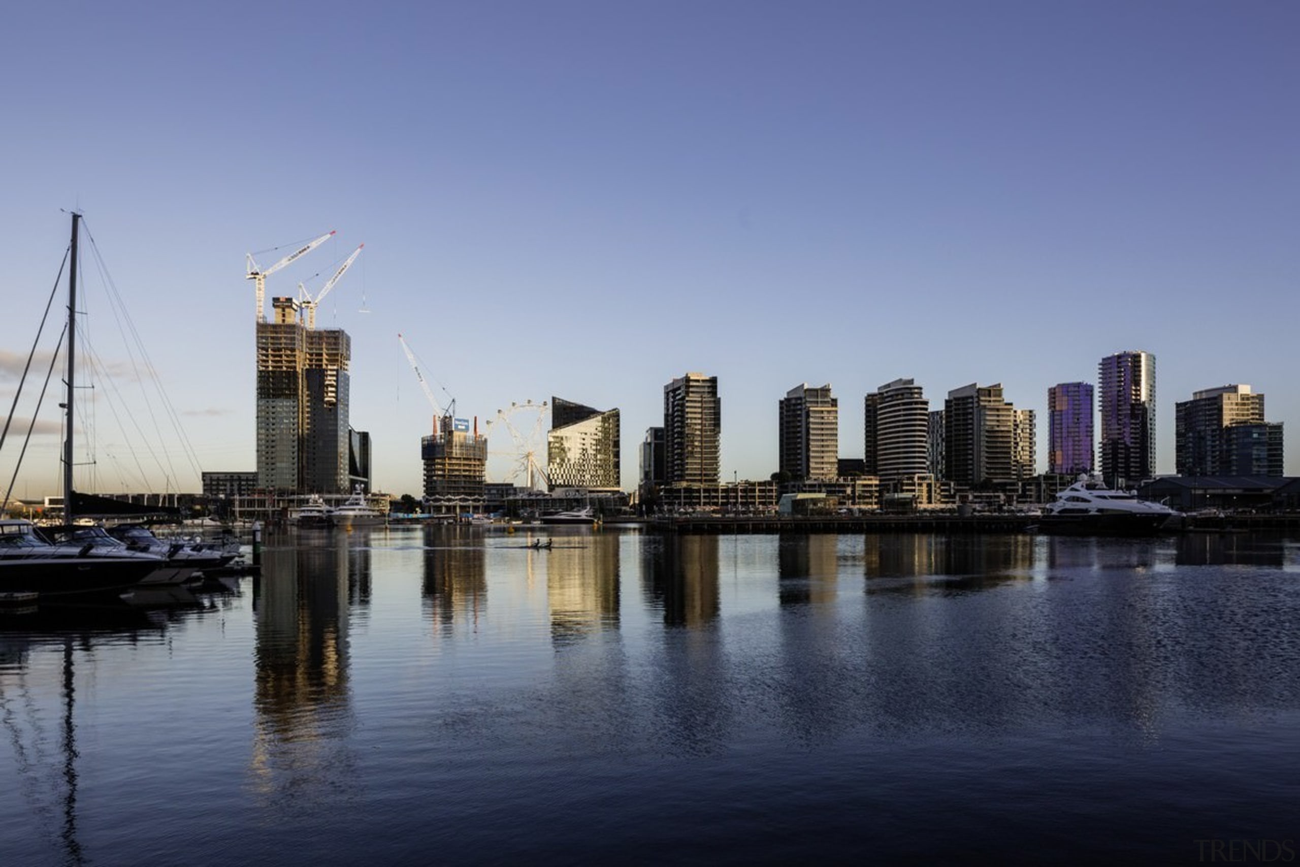 Promenade Aqui by Woods Bagot - Promenade Aqui building, city, cityscape, daytime, downtown, dusk, evening, horizon, marina, metropolis, metropolitan area, morning, reflection, river, sky, skyline, skyscraper, tower, tower block, urban area, water, blue