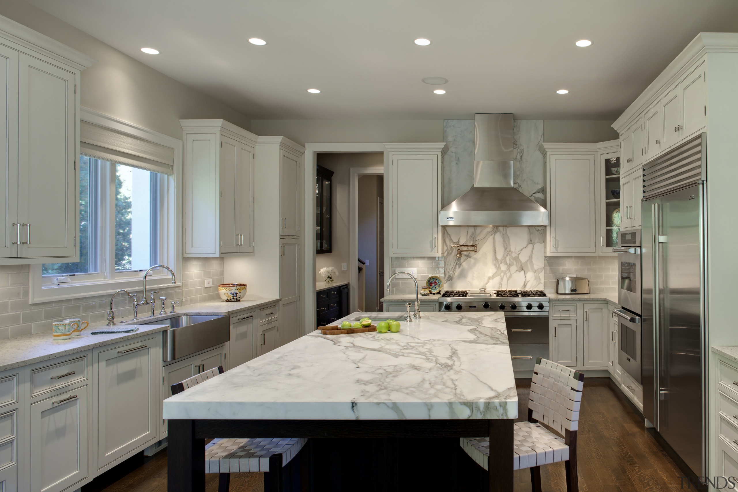 View of kitchen with wooden flooring, stainless drawers cabinetry, ceiling, countertop, cuisine classique, floor, home, interior design, kitchen, room, gray