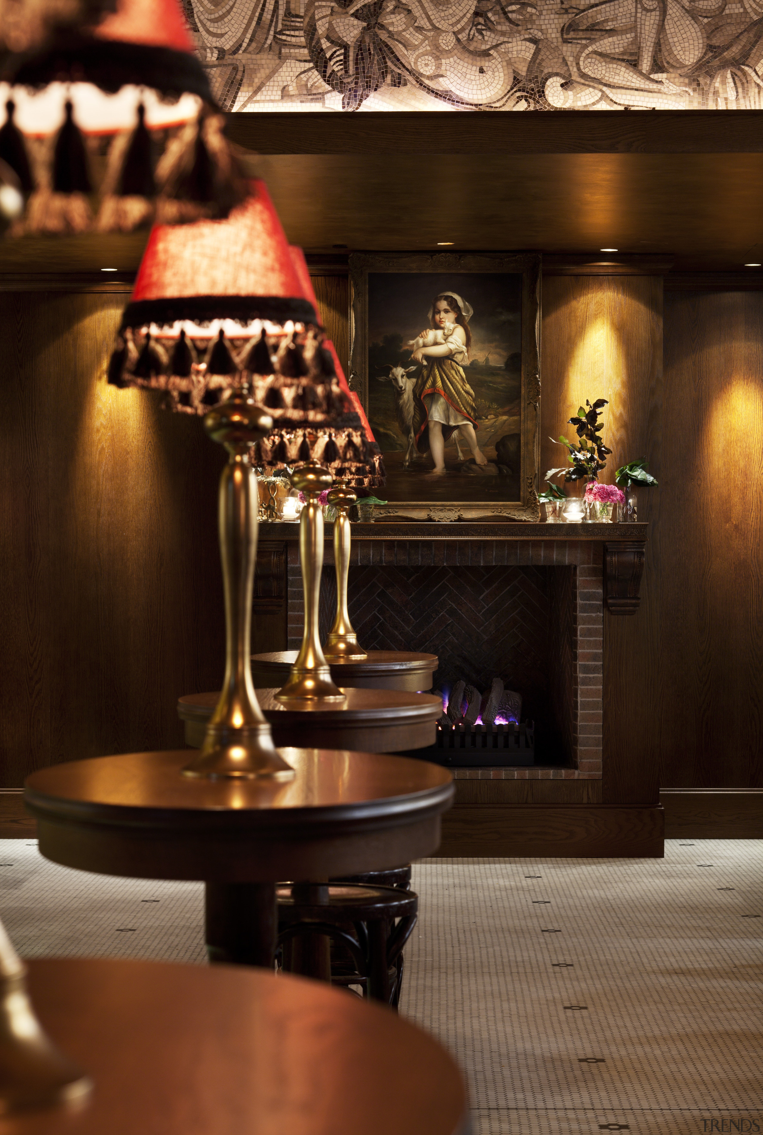 View of themed Sydney restaurant. - View of interior design, lighting, restaurant, table, brown, red