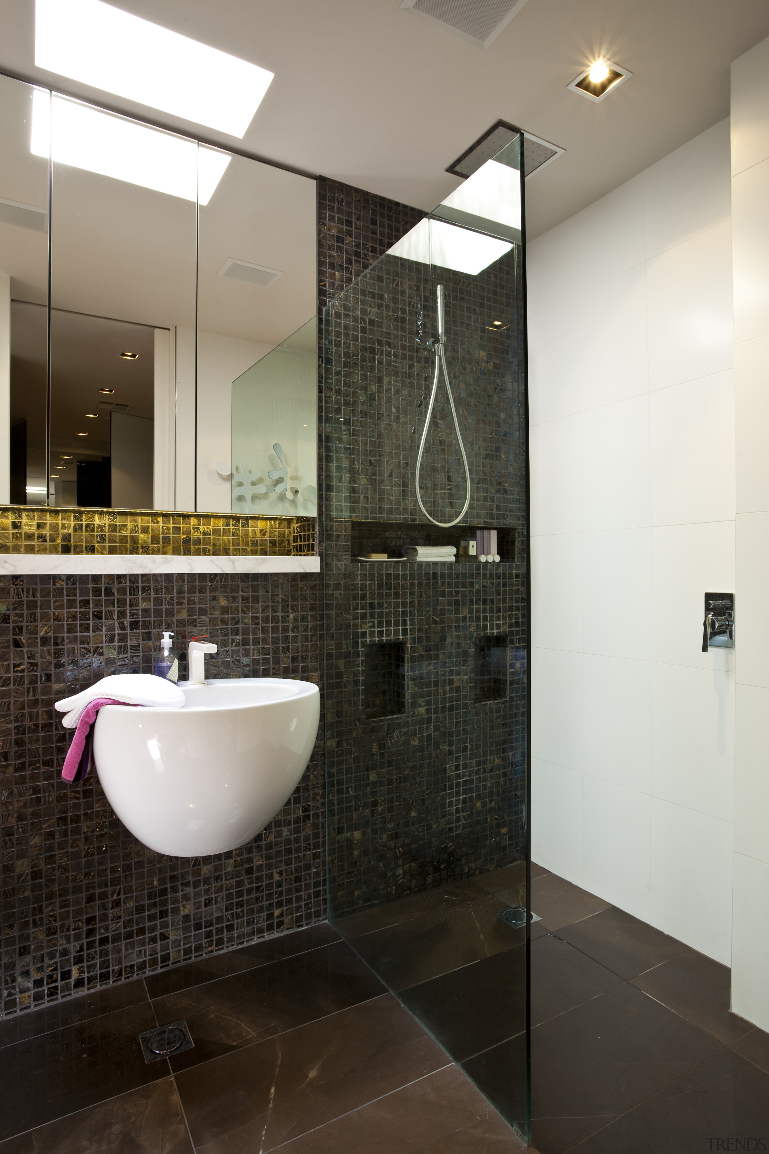 View of contemporary bathroom with dark wall tiles architecture, bathroom, ceiling, floor, flooring, interior design, plumbing fixture, room, sink, tile, wall, black, white