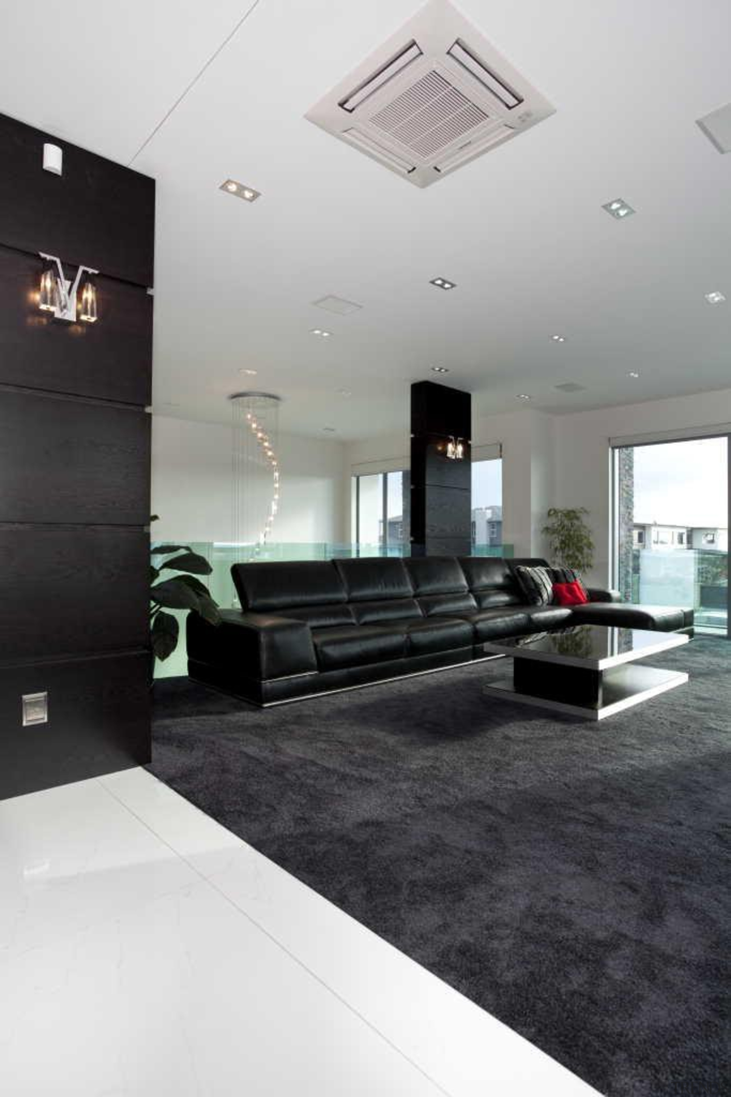 Living room with black feature and a black architecture, ceiling, floor, flooring, interior design, white, black