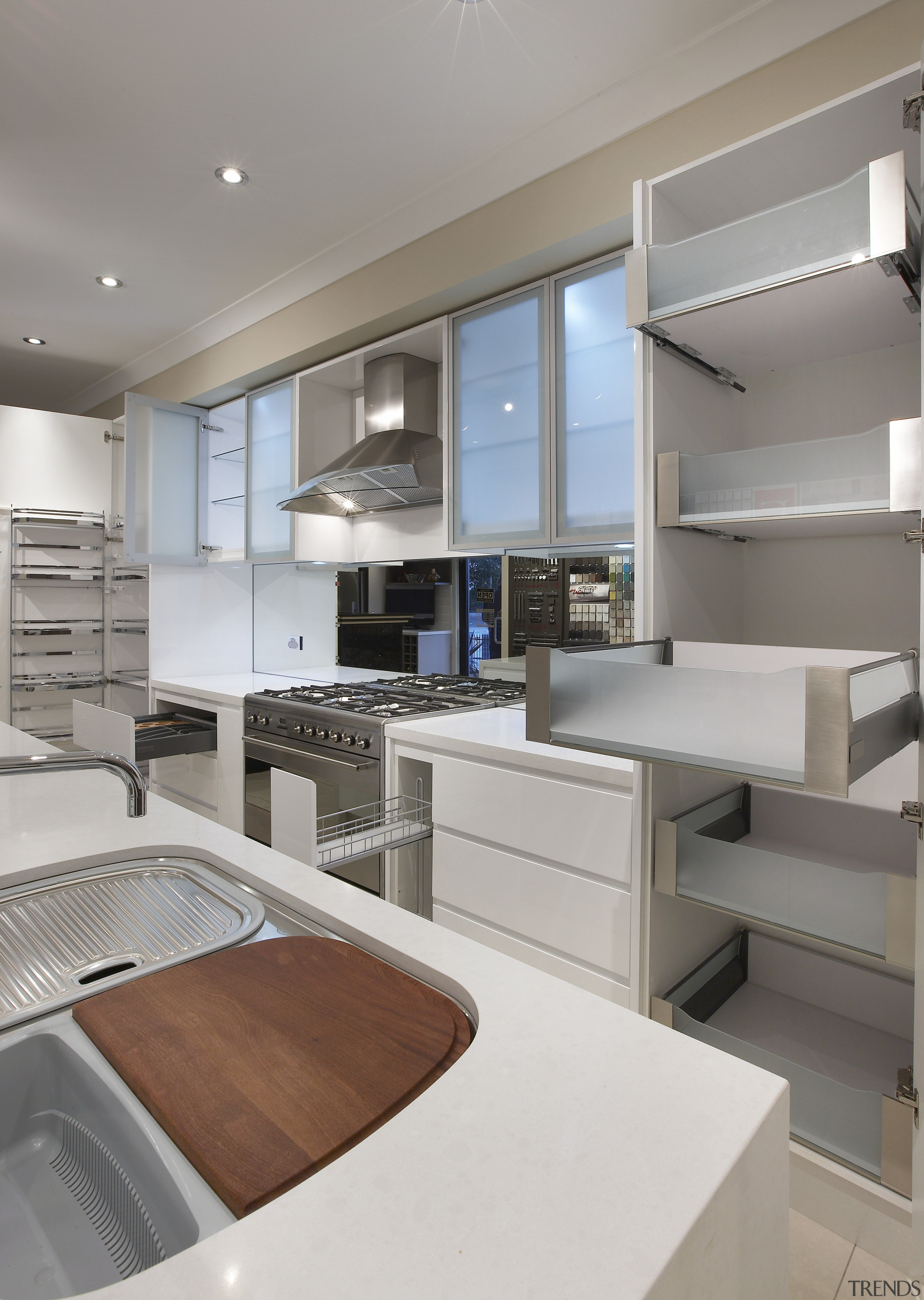 View of an Apollo Kitchens showroom which showcases cabinetry, countertop, interior design, kitchen, gray