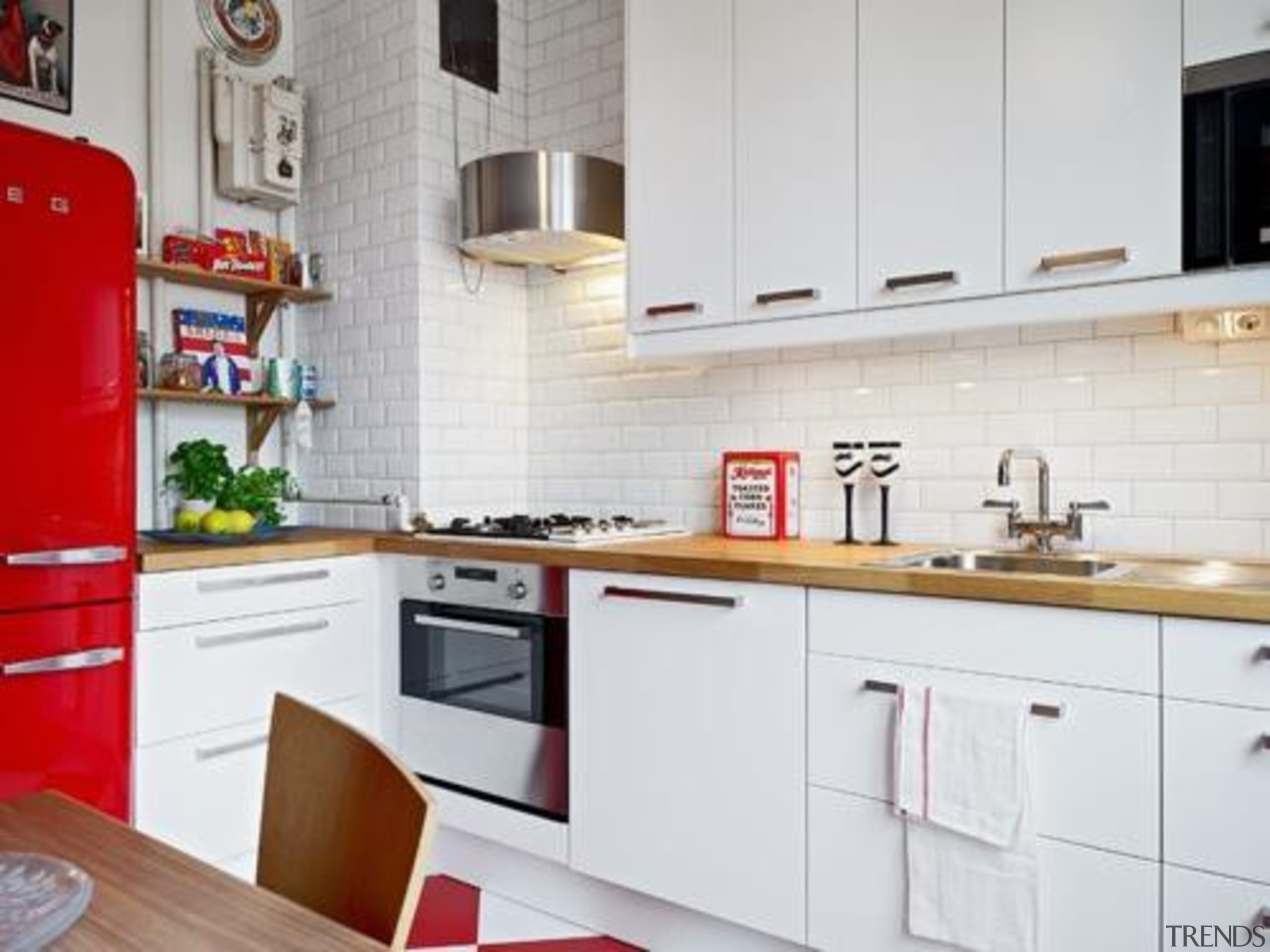 50s retro style aesthetic fridge/freezer in red works cabinetry, countertop, cuisine classique, home appliance, interior design, kitchen, room, white