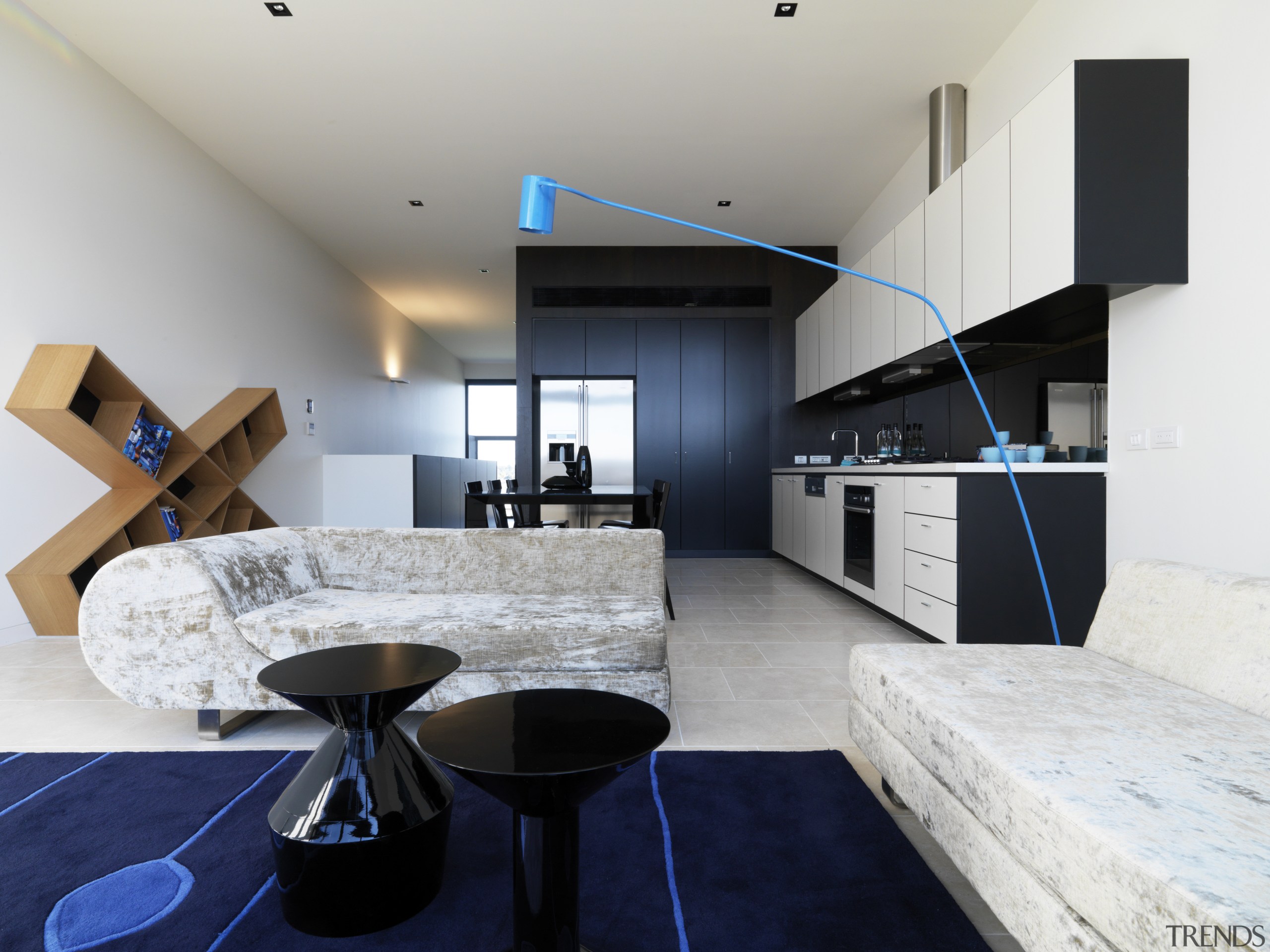 View of the living room area which features architecture, countertop, interior design, living room, product design, gray, white