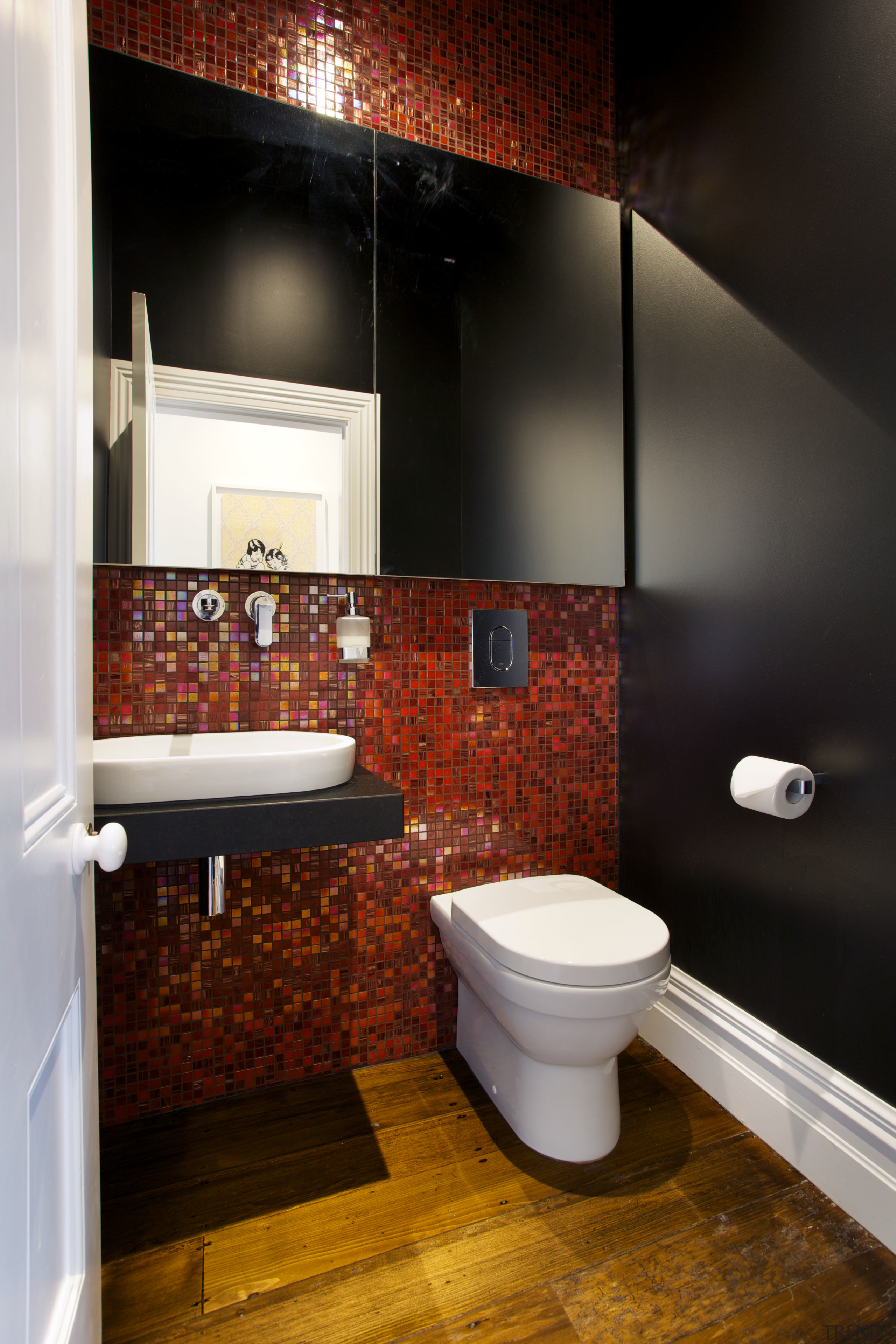 Warm red mosaic tiles line a feature wall bathroom, ceiling, floor, home, interior design, room, tile, wall, black
