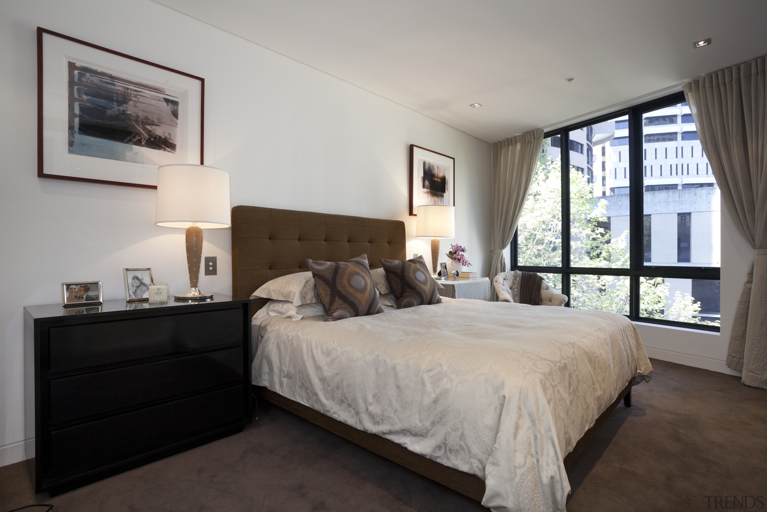 View of bedroom with grey carpet and white bed frame, bedroom, ceiling, estate, floor, home, interior design, property, real estate, room, window, gray, black