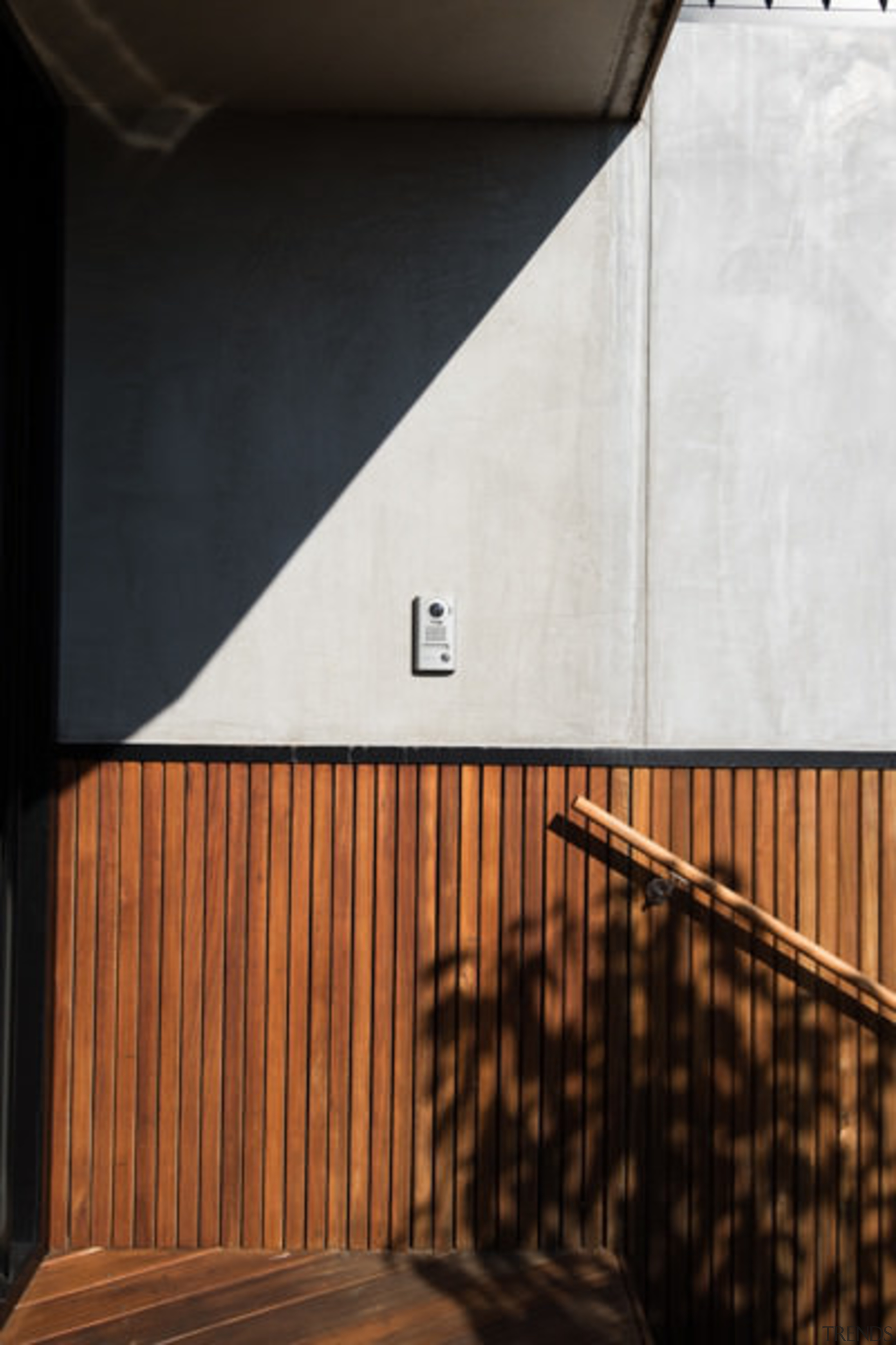 Raw aesthetic – concrete and timber - Raw angle, architecture, daylighting, floor, handrail, house, light, line, stairs, wall, wood, black, brown, white