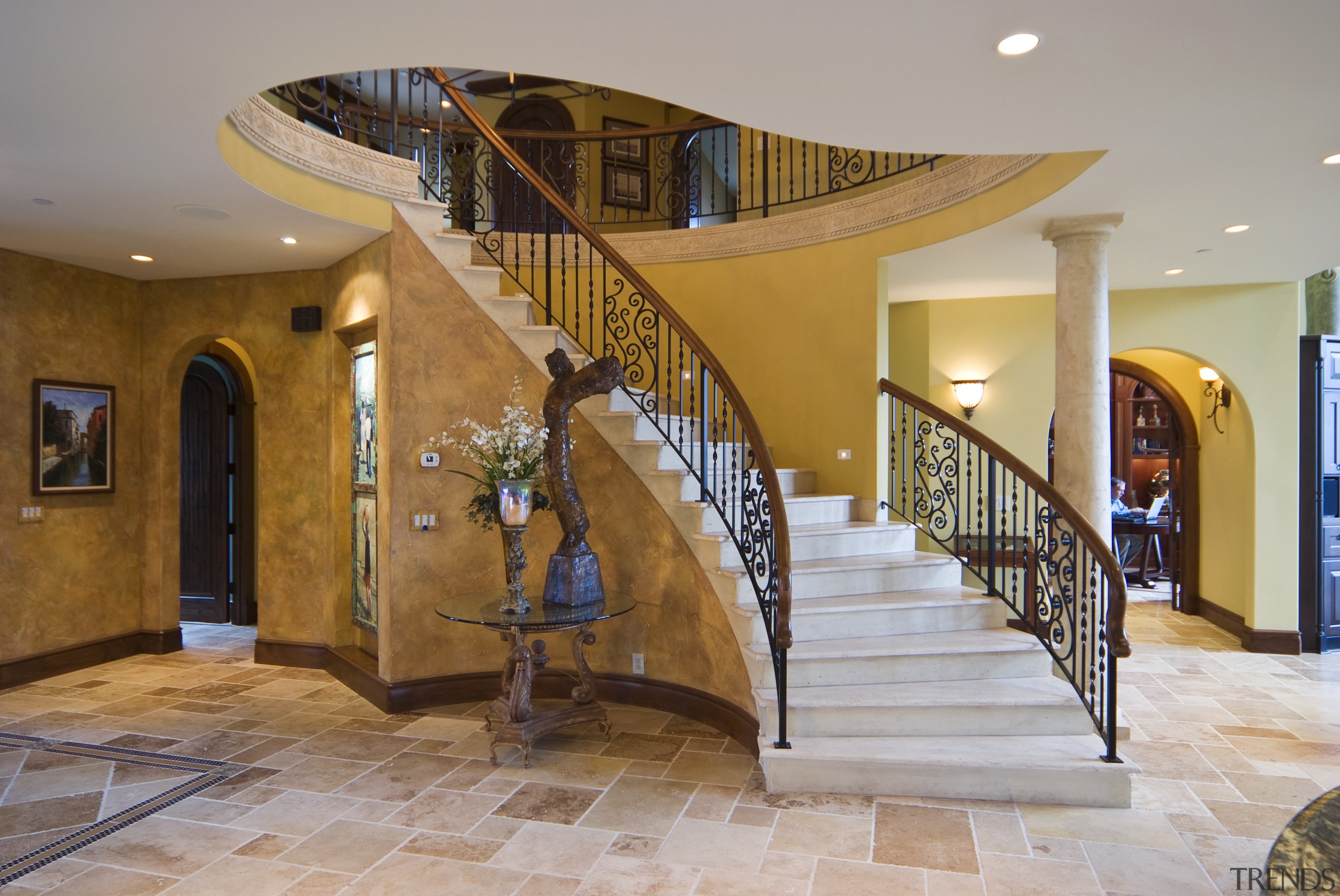 Image of the interior designed by Pacific Crest. ceiling, estate, floor, flooring, handrail, home, interior design, lobby, real estate, stairs, gray, brown