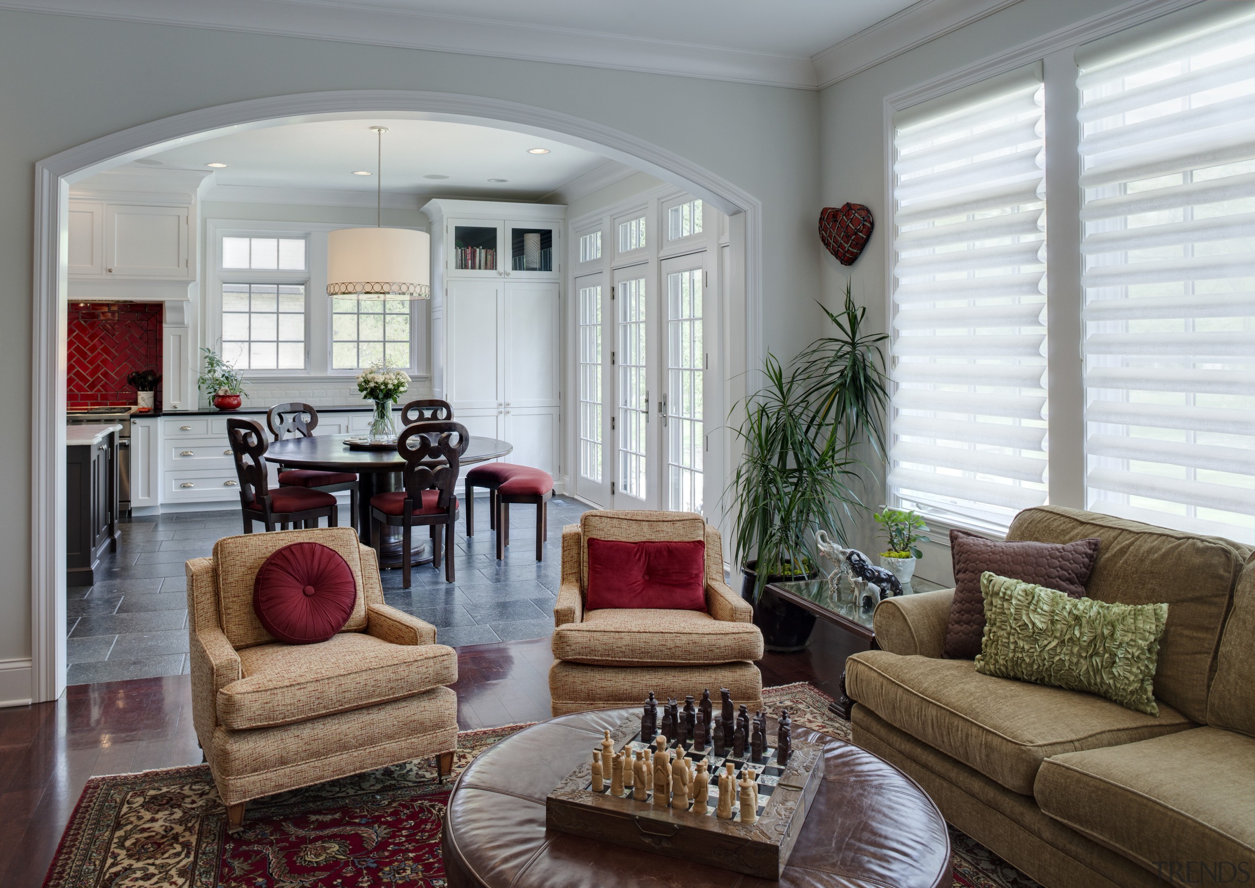 Arched openings. Red splash back. Limestone floors. White home, interior design, living room, real estate, room, window, gray