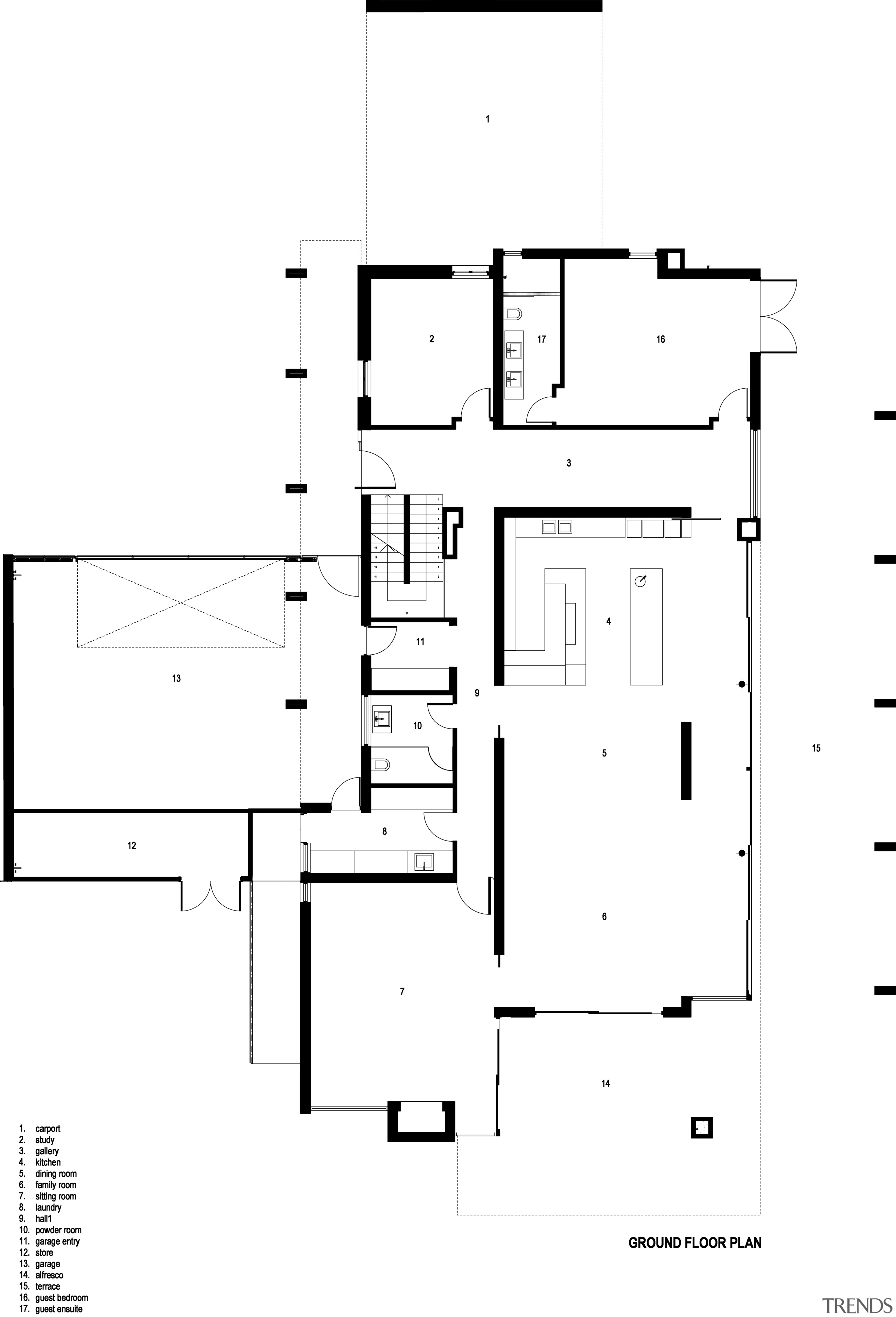 Ground floor of remodelled house designed by Rodrigues angle, area, black and white, design, diagram, drawing, floor plan, font, line, plan, product design, text, white