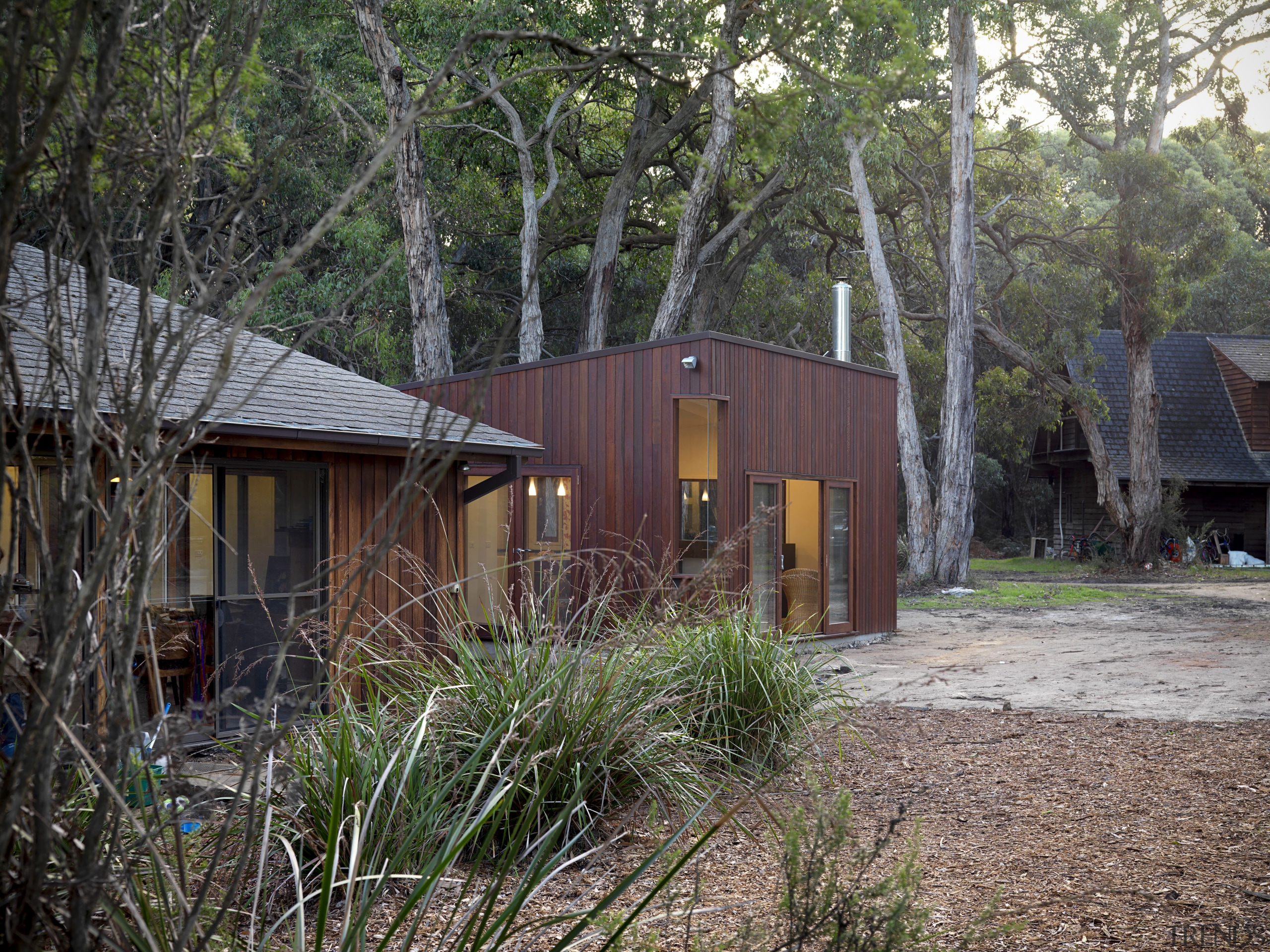This extension, set on a 20ha rural property, architecture, cottage, home, house, hut, log cabin, plant, real estate, shack, shed, tree, black, gray