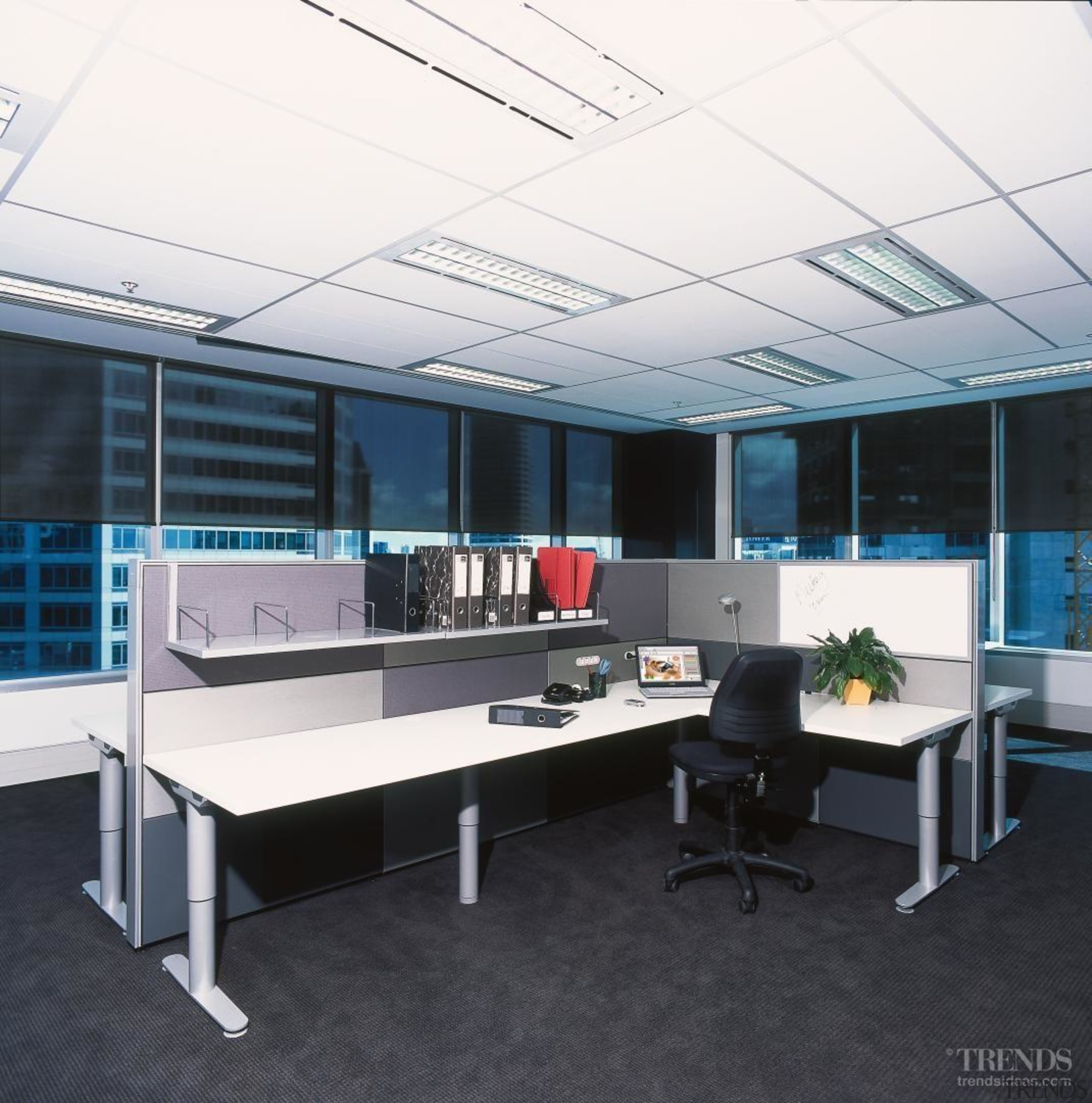 Partitions between desks are constructed from fabric-wrapped acoustic desk, furniture, office, black, white