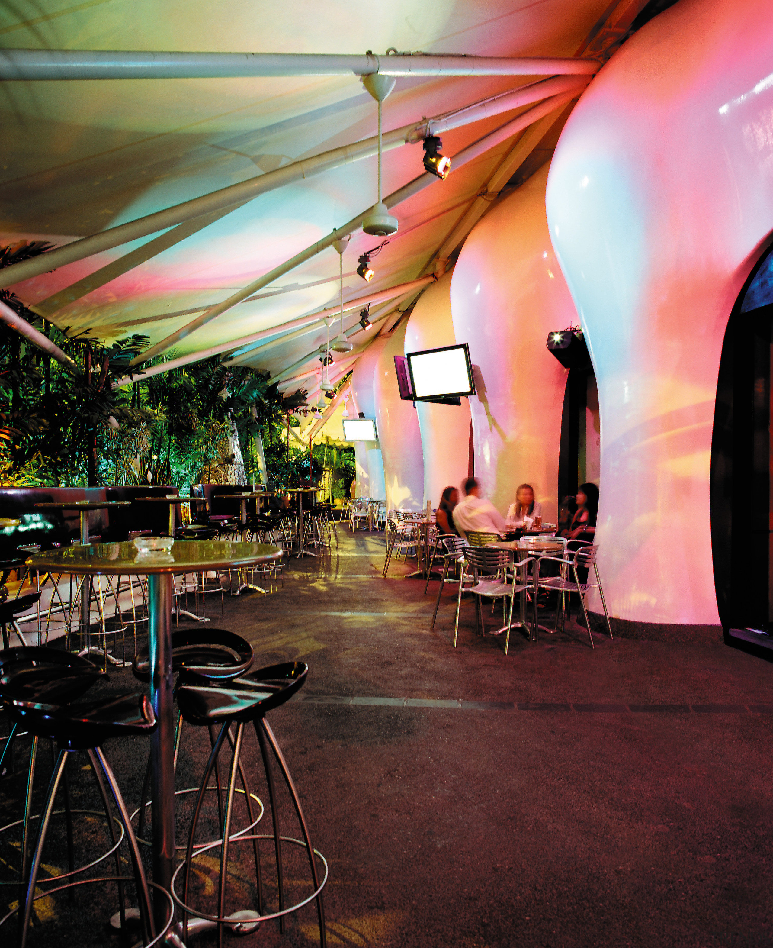 view of the interior of the zouk nightclub function hall, interior design, lighting, restaurant, red