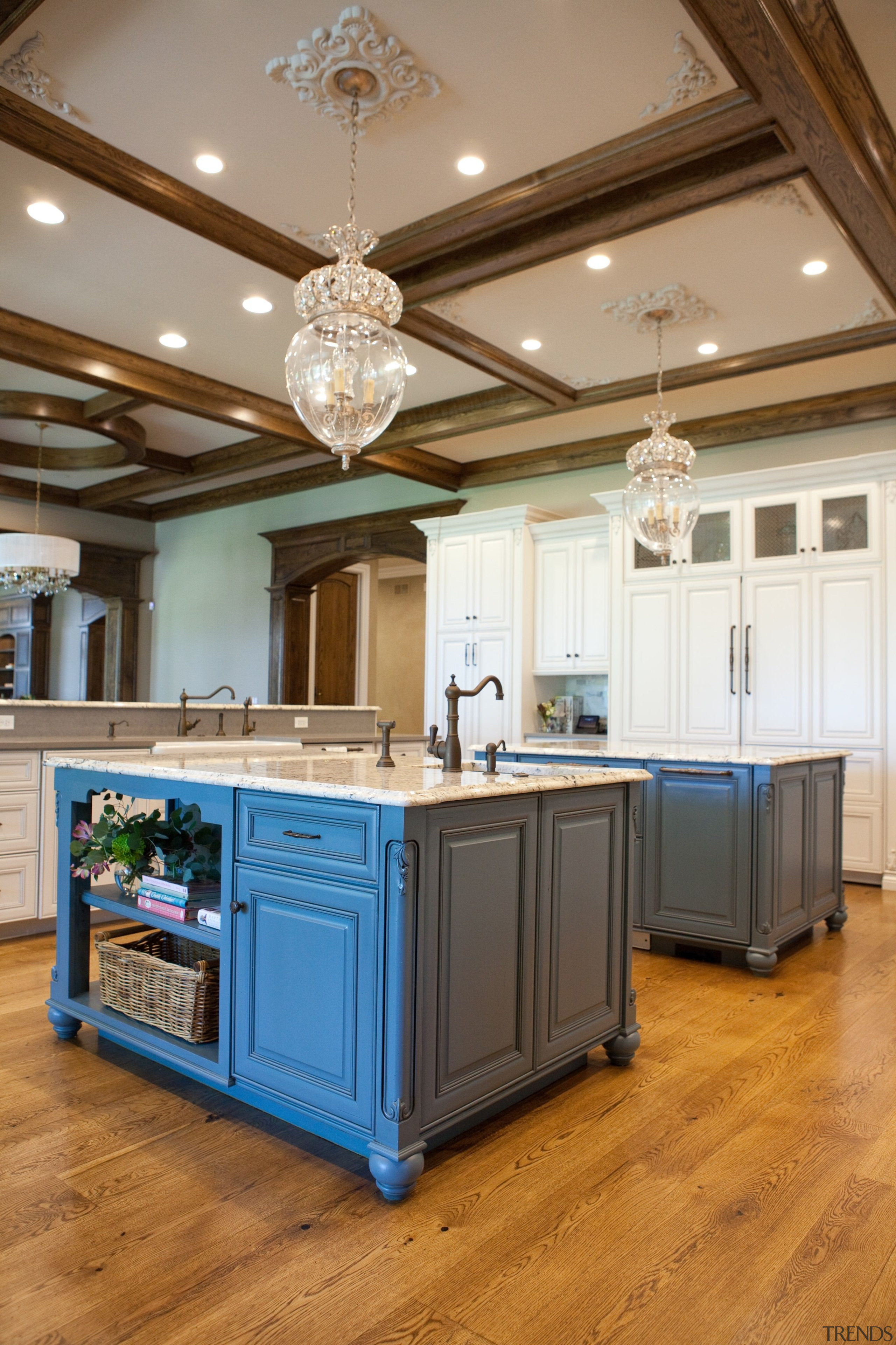 There is a reason blue is one of cabinetry, ceiling, countertop, cuisine classique, floor, flooring, hardwood, interior design, kitchen, room, wood flooring, brown