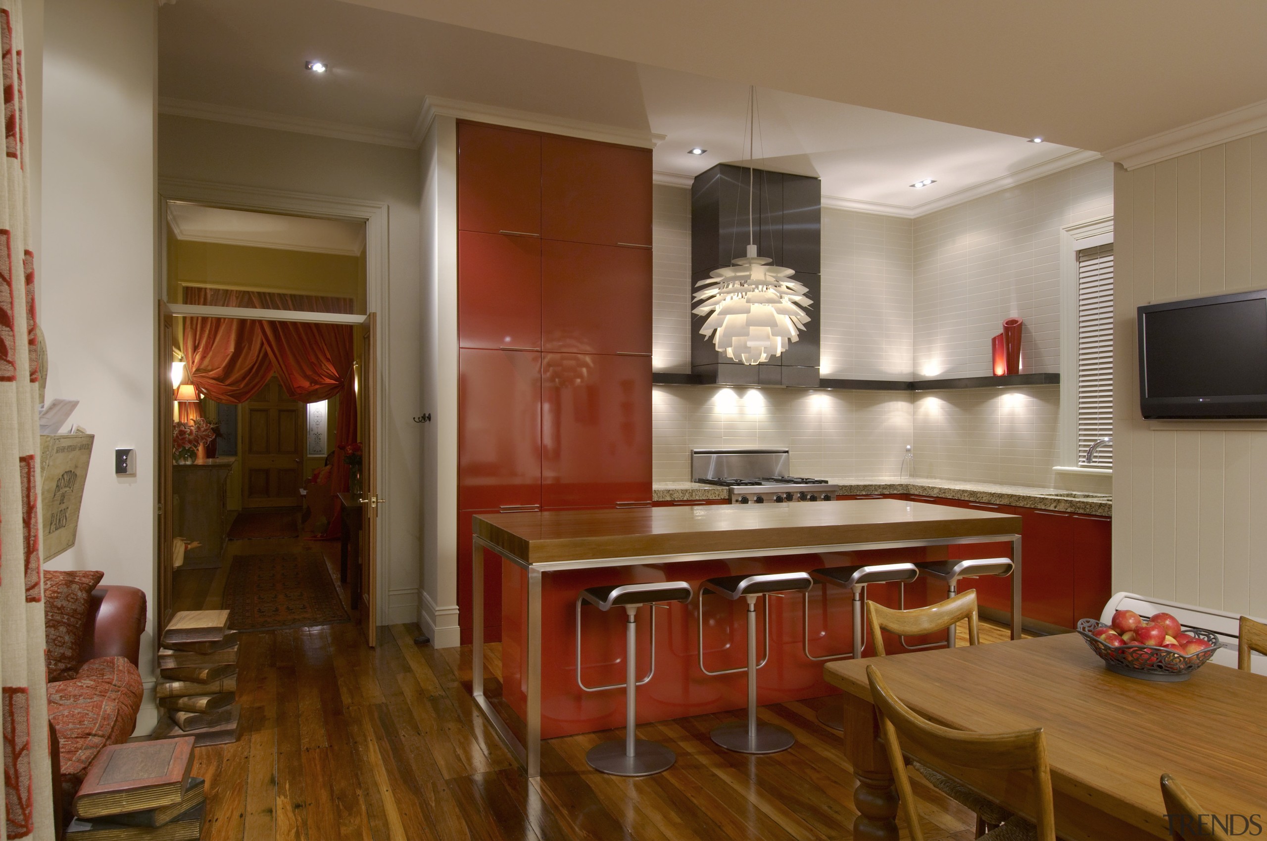 View of kitchen designed by Lloyd Richardson (NKBA), cabinetry, ceiling, countertop, dining room, flooring, interior design, kitchen, living room, real estate, room, table, wall, brown